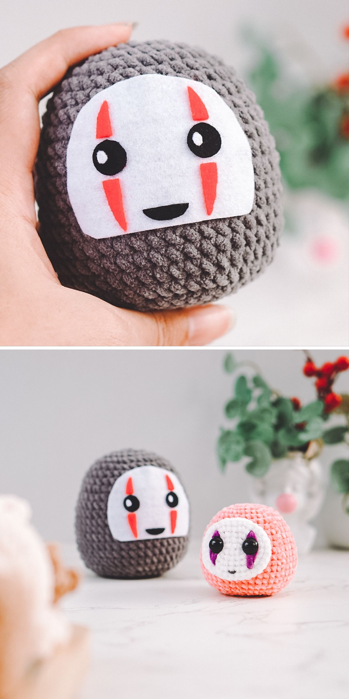 a round crochet toy with a quirky face