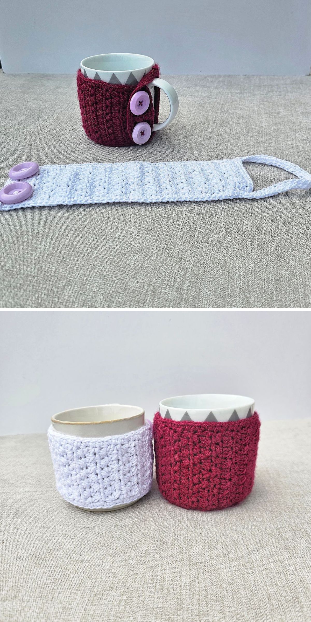 a crochet mug cozy with two large buttons