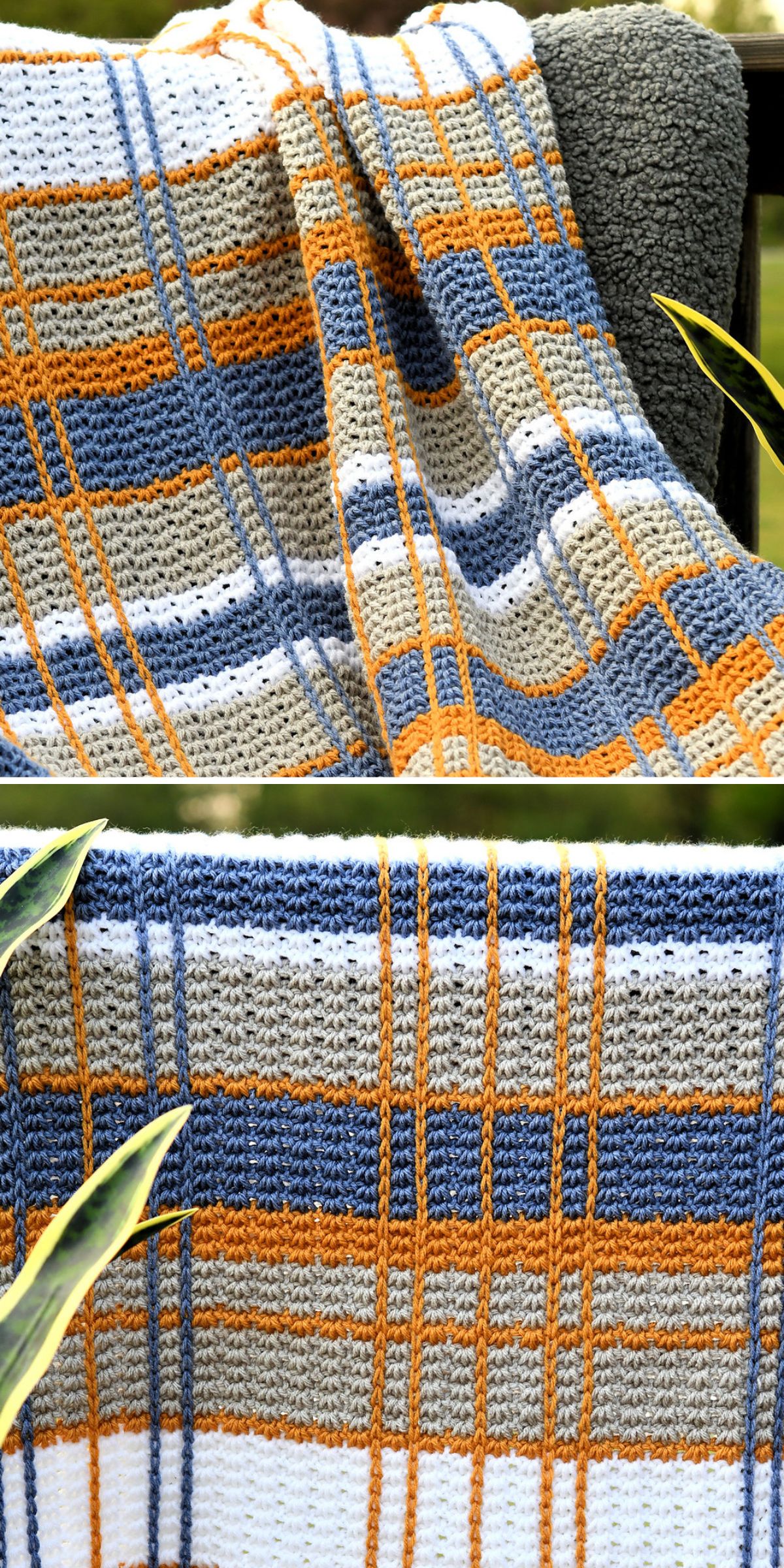 a crochet Tunisian blanket with plaid-inspired design