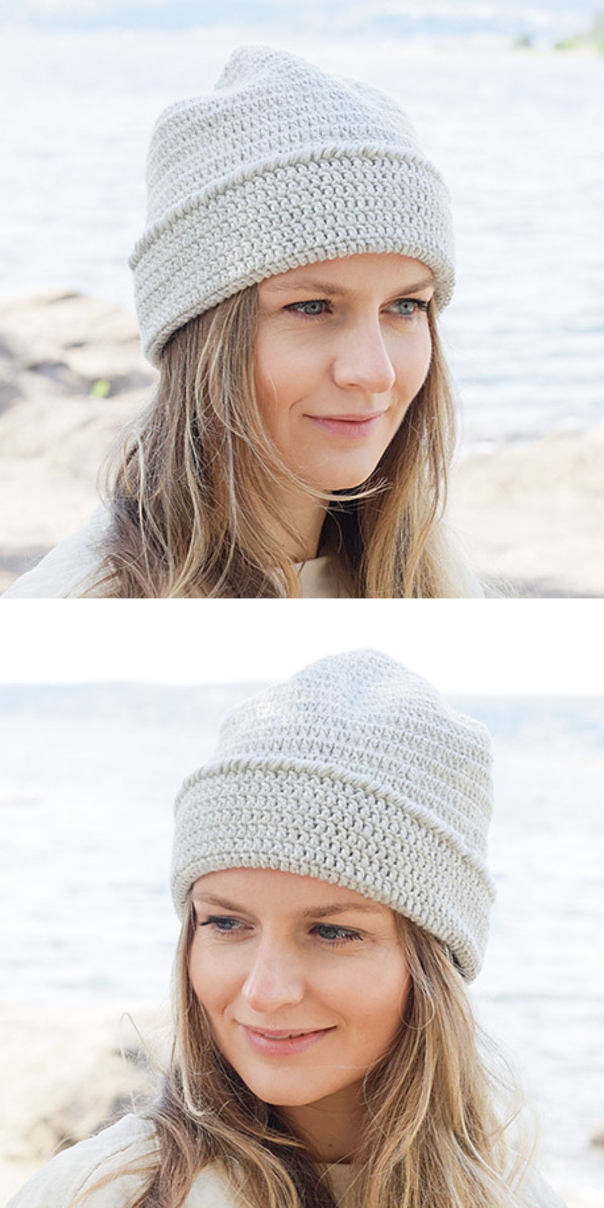 a grey crochet beanie