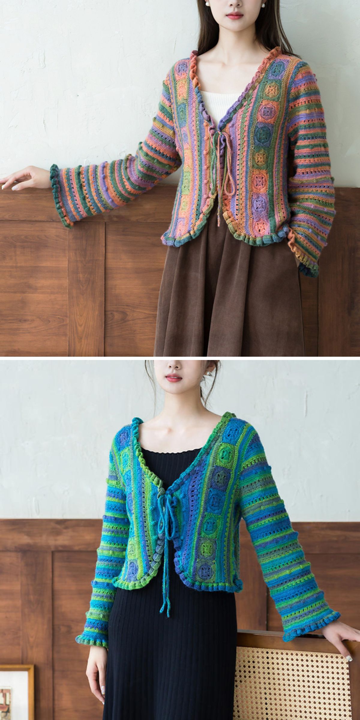 a woman wearing multicolored crocheted cardigans with decorative details