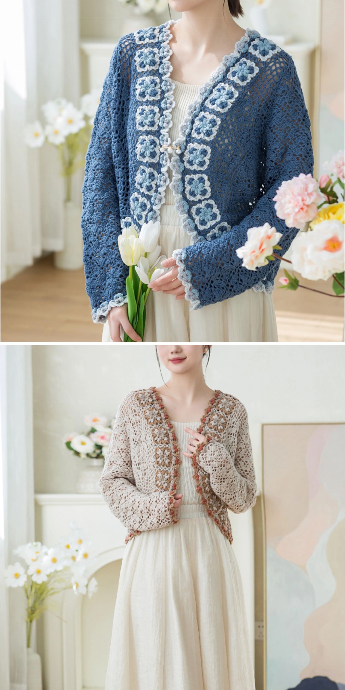 a woman wearing an elegant lightweight crochet cardigan with flower elements