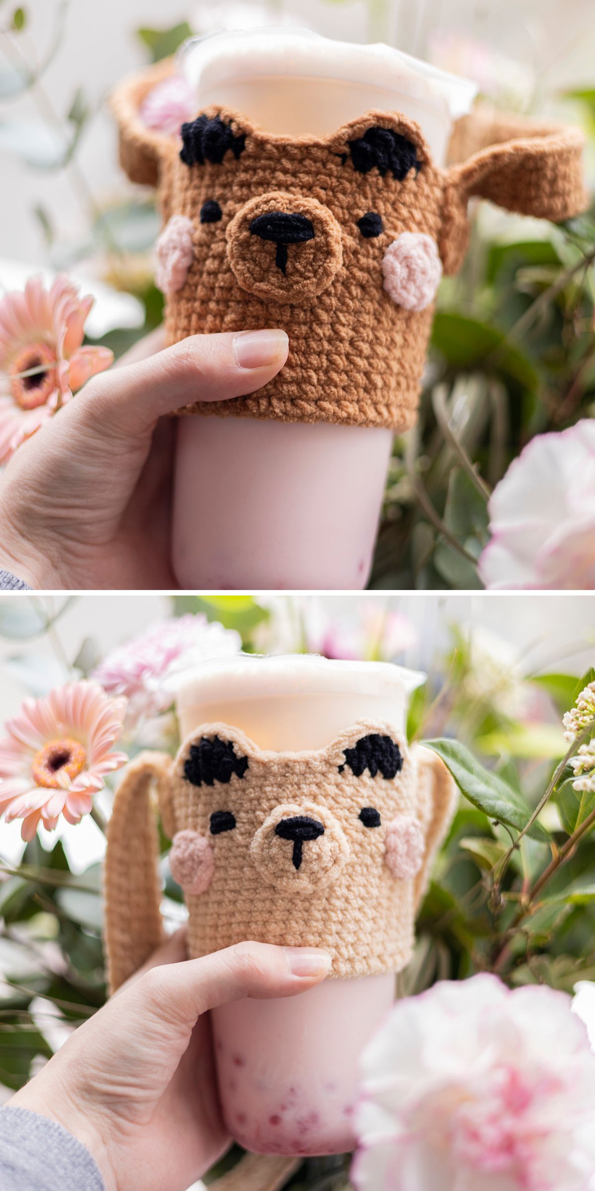 a charming crochet cup holder with a cute bear design