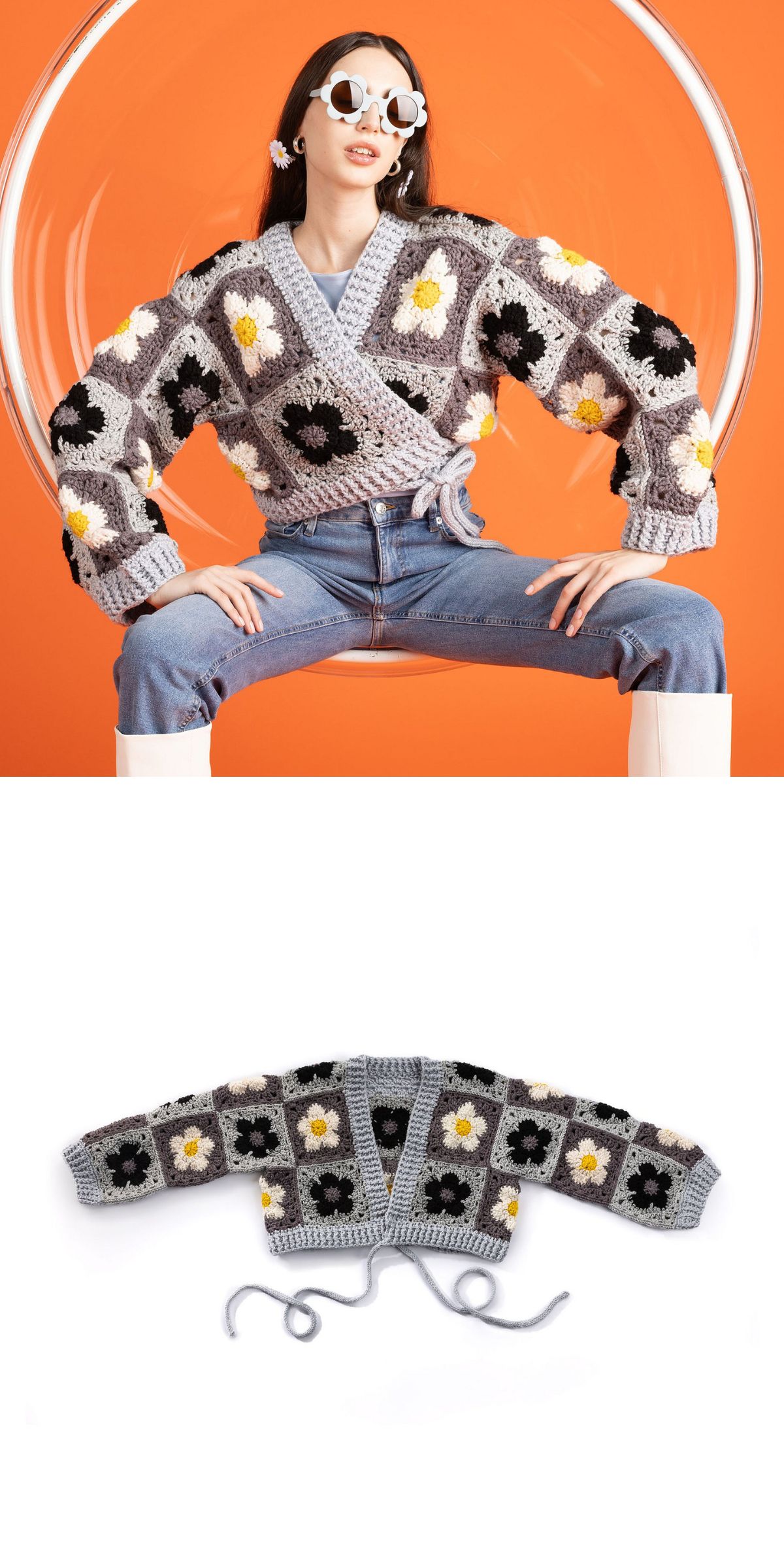 a young woman wearing a crochet cropped cardigan with a side tie closure made from big flower squares