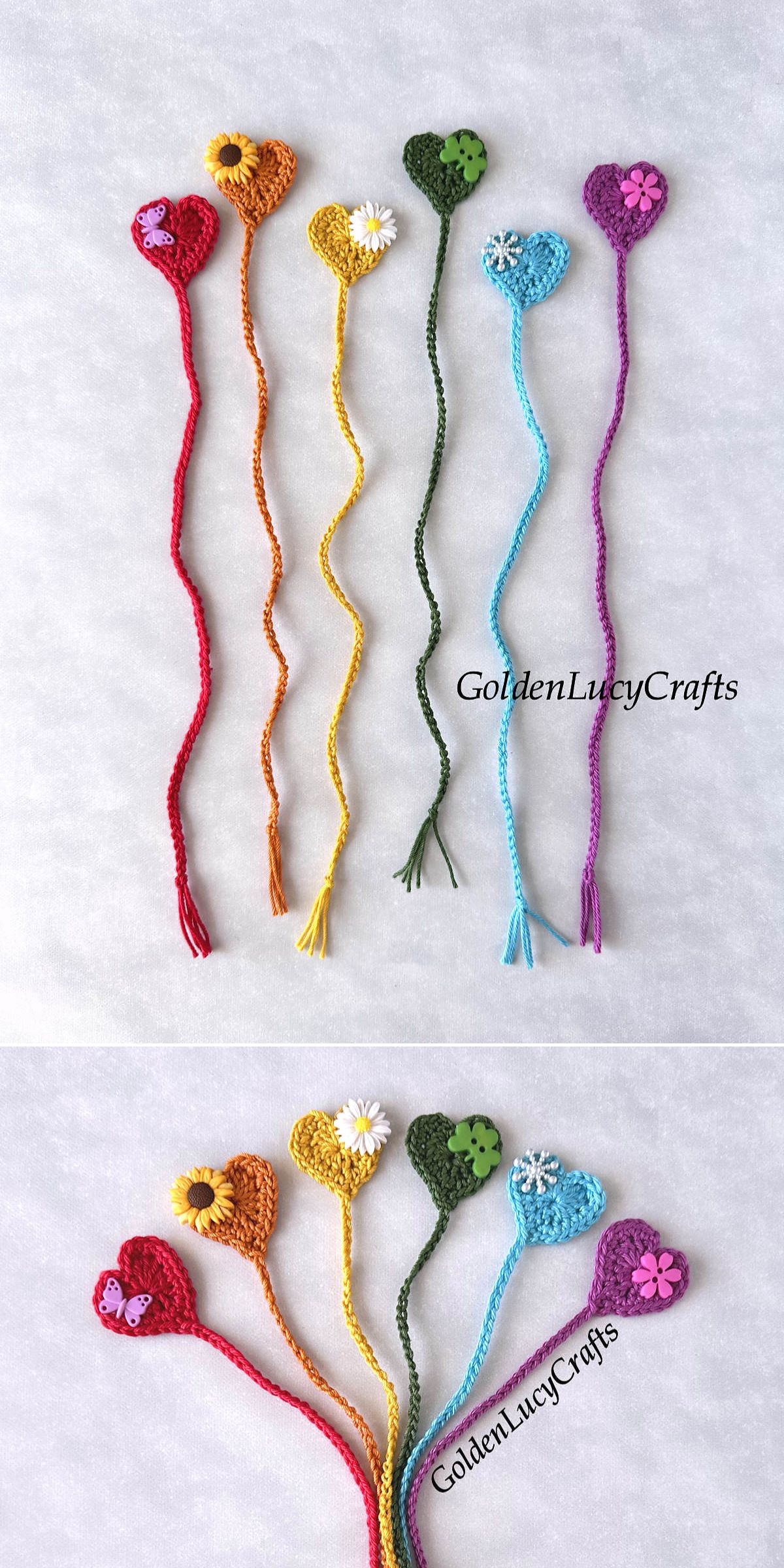 a set of differenly colored crochet bookmarks with a heart-shaped top