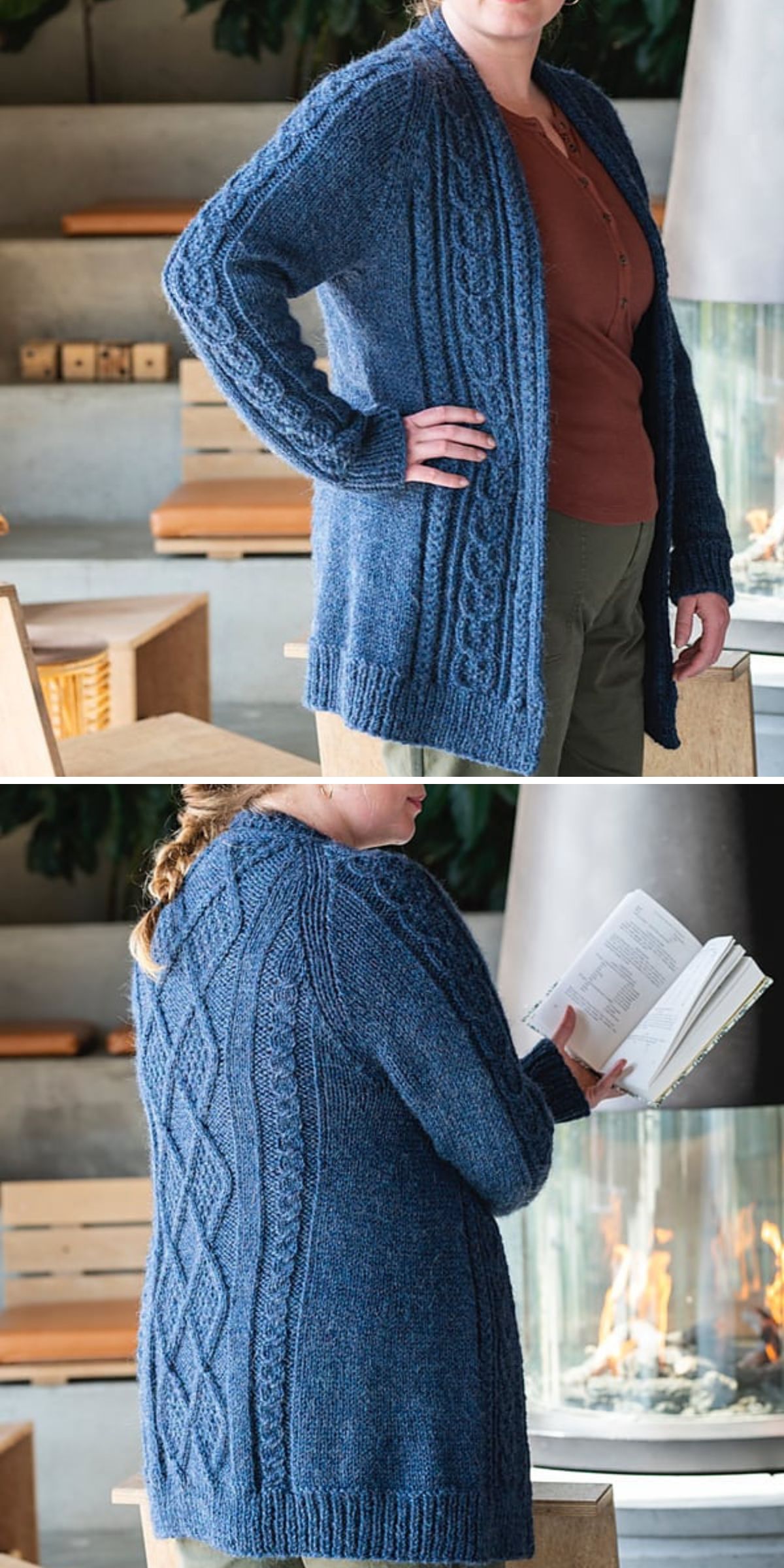 a long knit cardigan with cabled motifs in blue