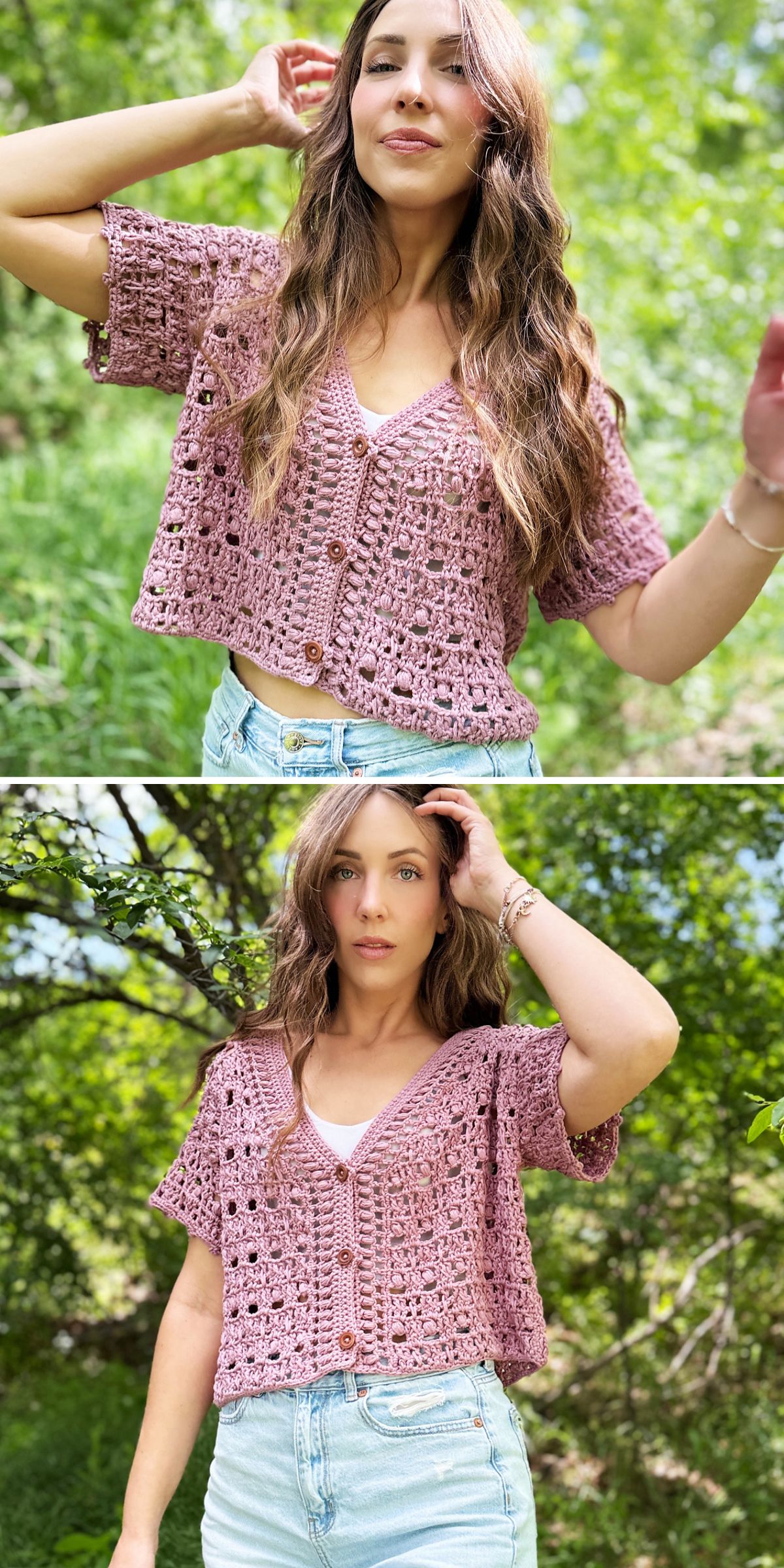 a pink crochet cardigan with a delicate airy fabric