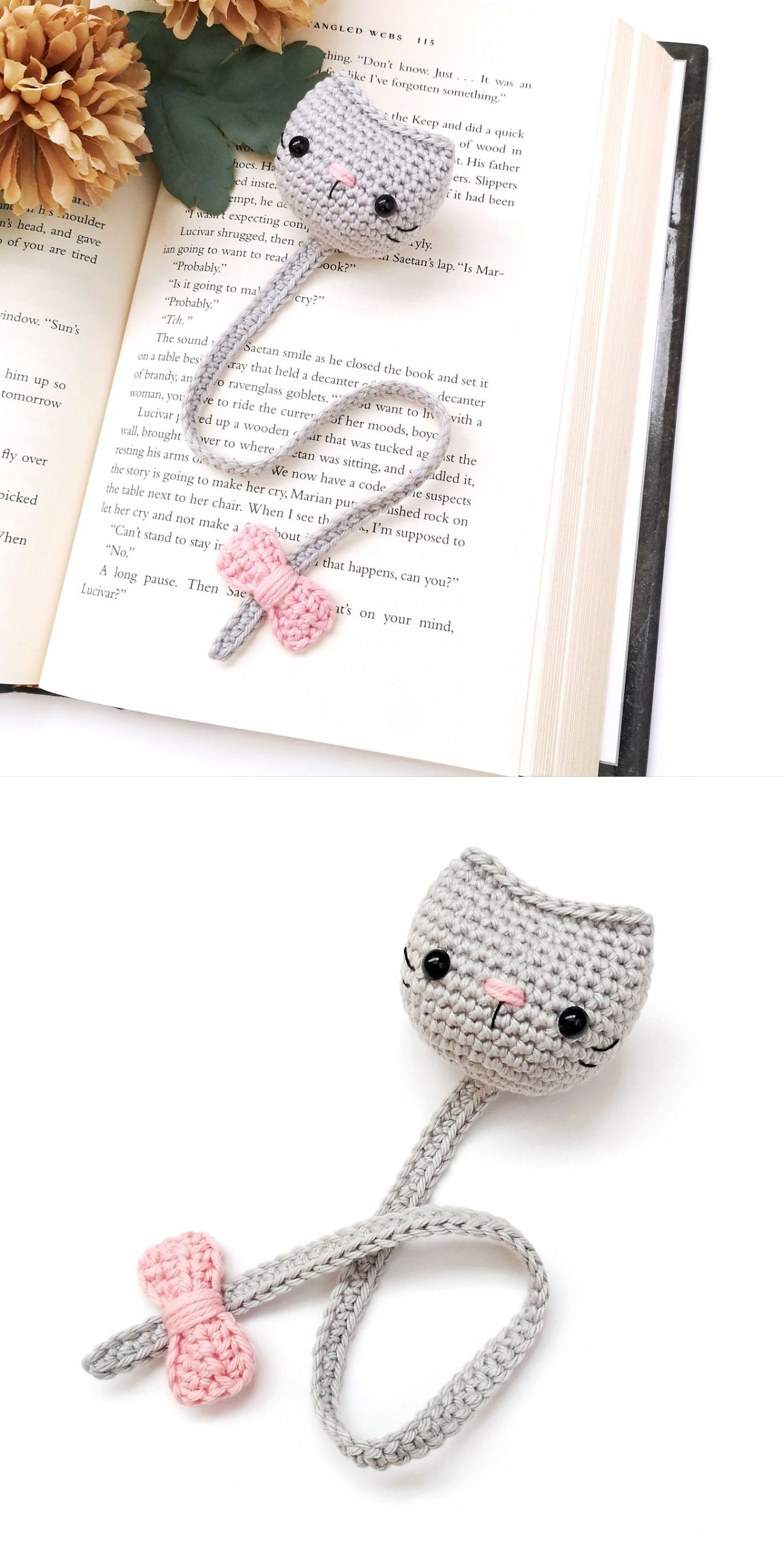 a crochet bookmark with a chubby cat head 