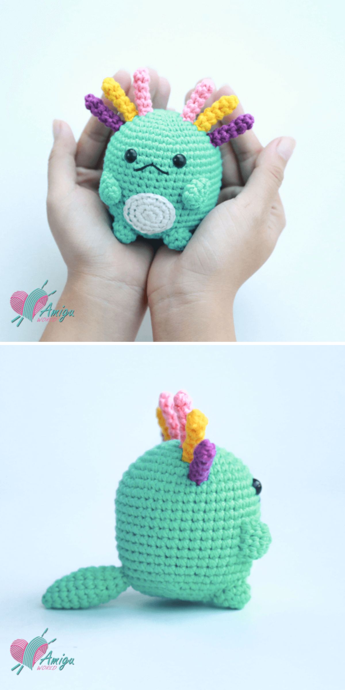 a colorful crochet axolotl amigurumi