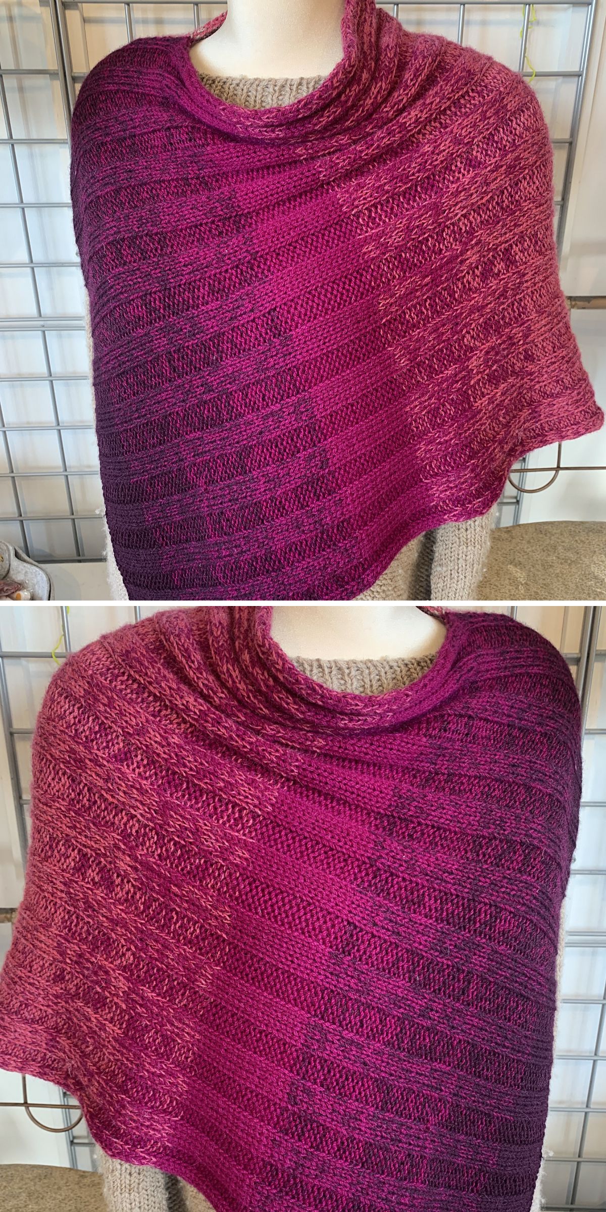 a knitted poncho with wide ribbed motifs in purple