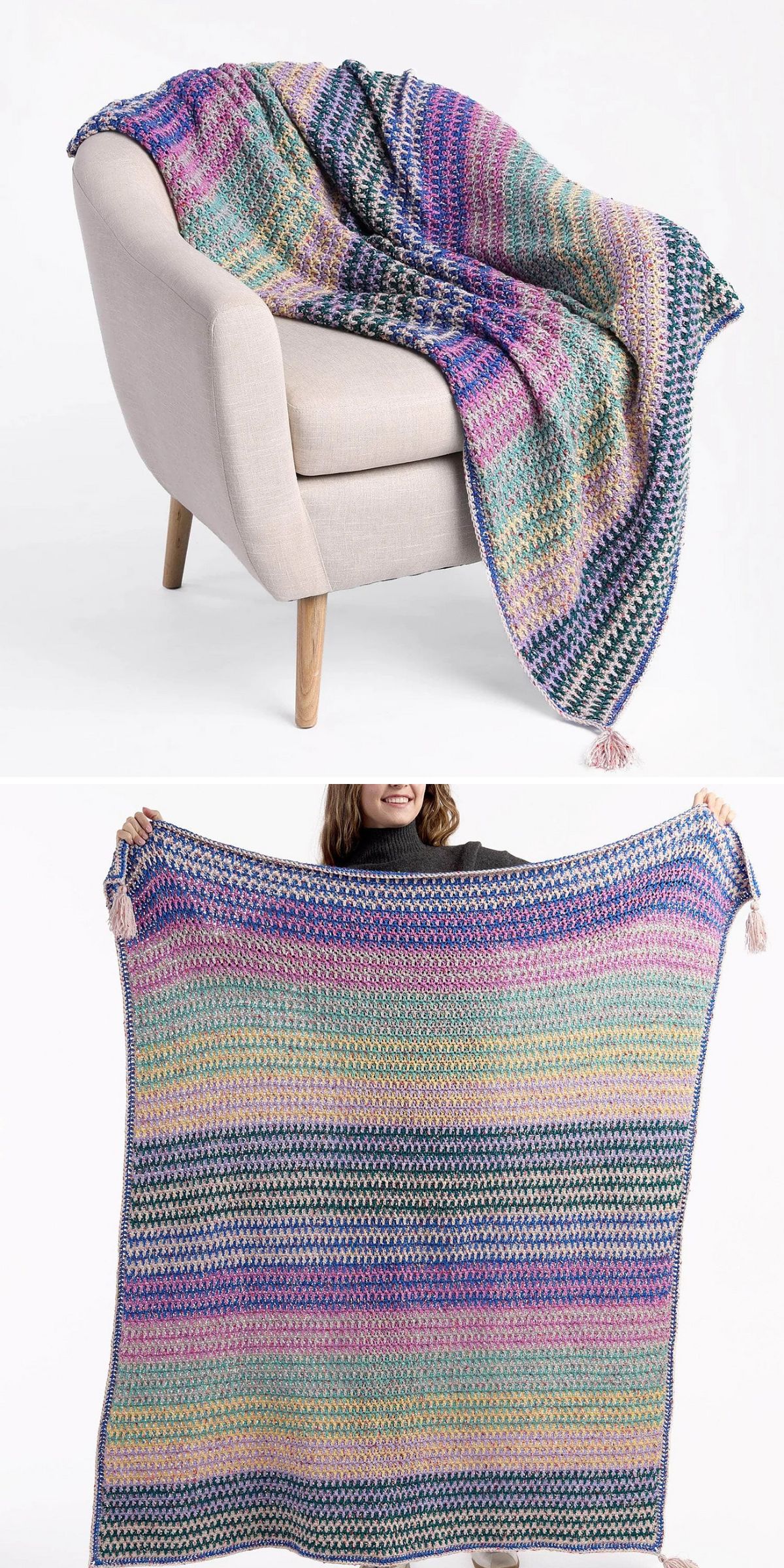 a cozy striped crochet blanket with corner tassels