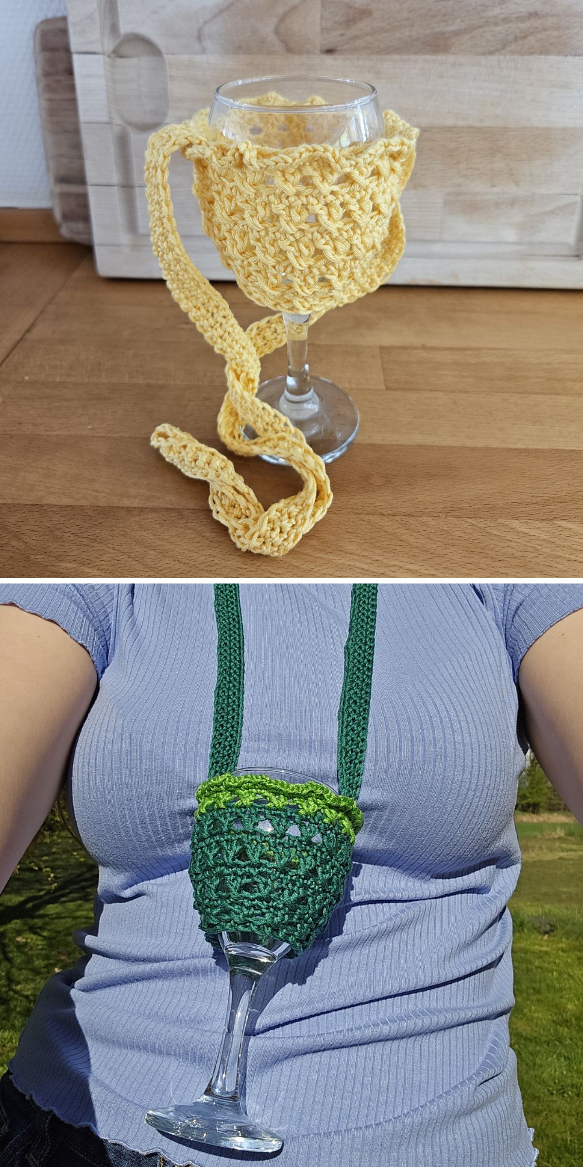 a crochet glass holder with a neck strap