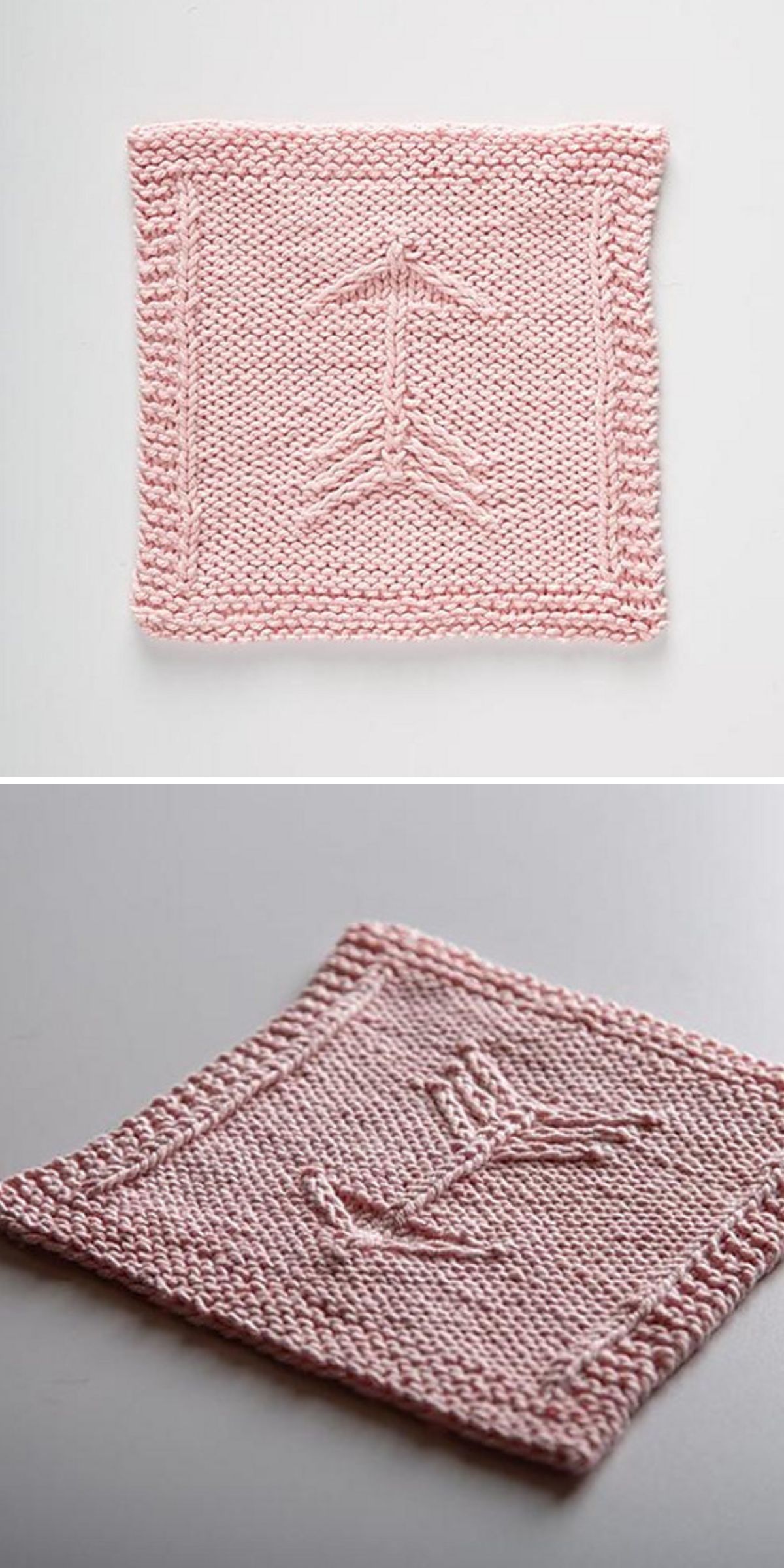 a pink knit dishcloth featuring a textured arrow motif