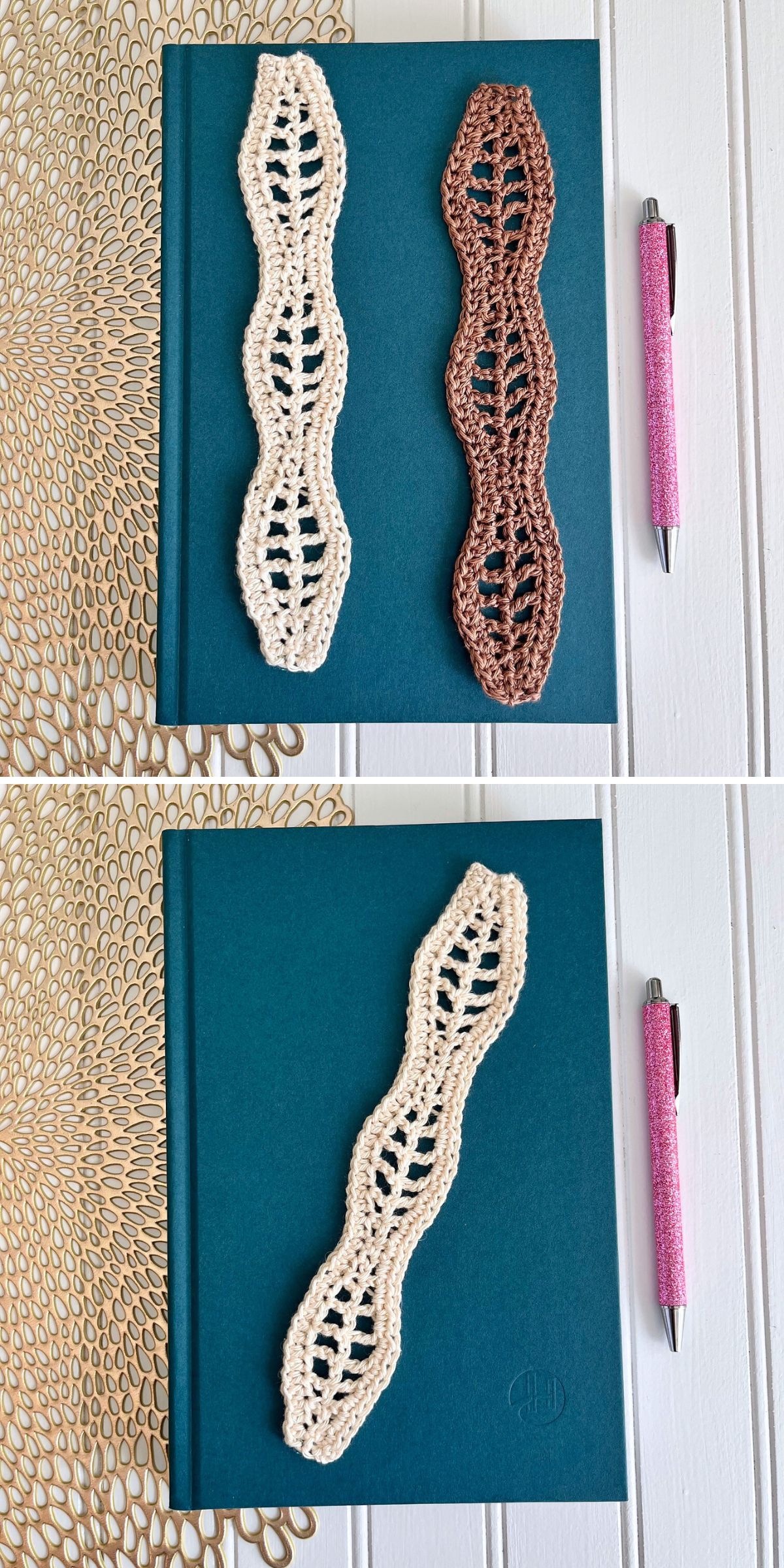 two crochet bookmarks with lace leaf motifs