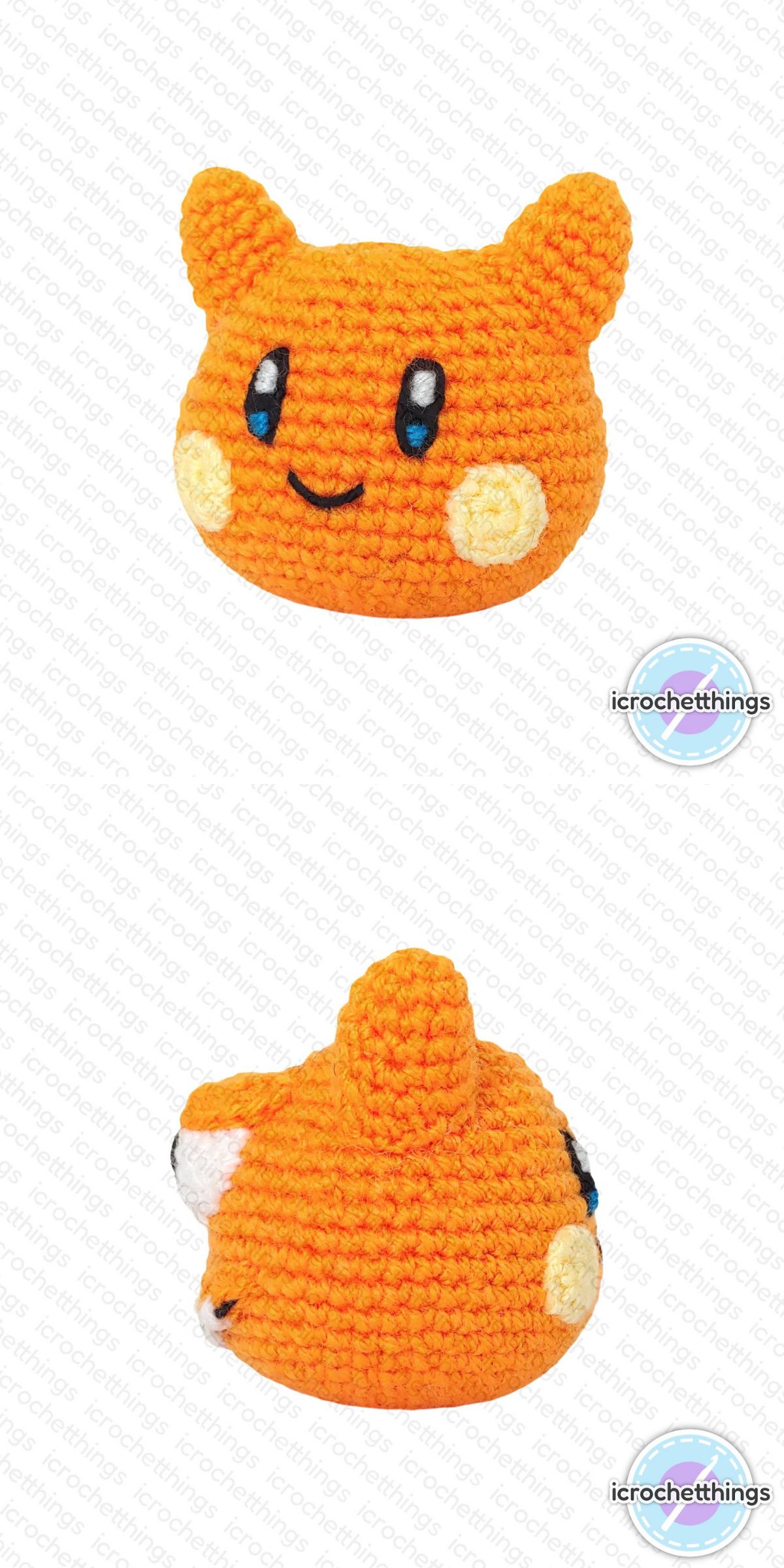 a crochet toy shaped like a cat head with little ears in orange