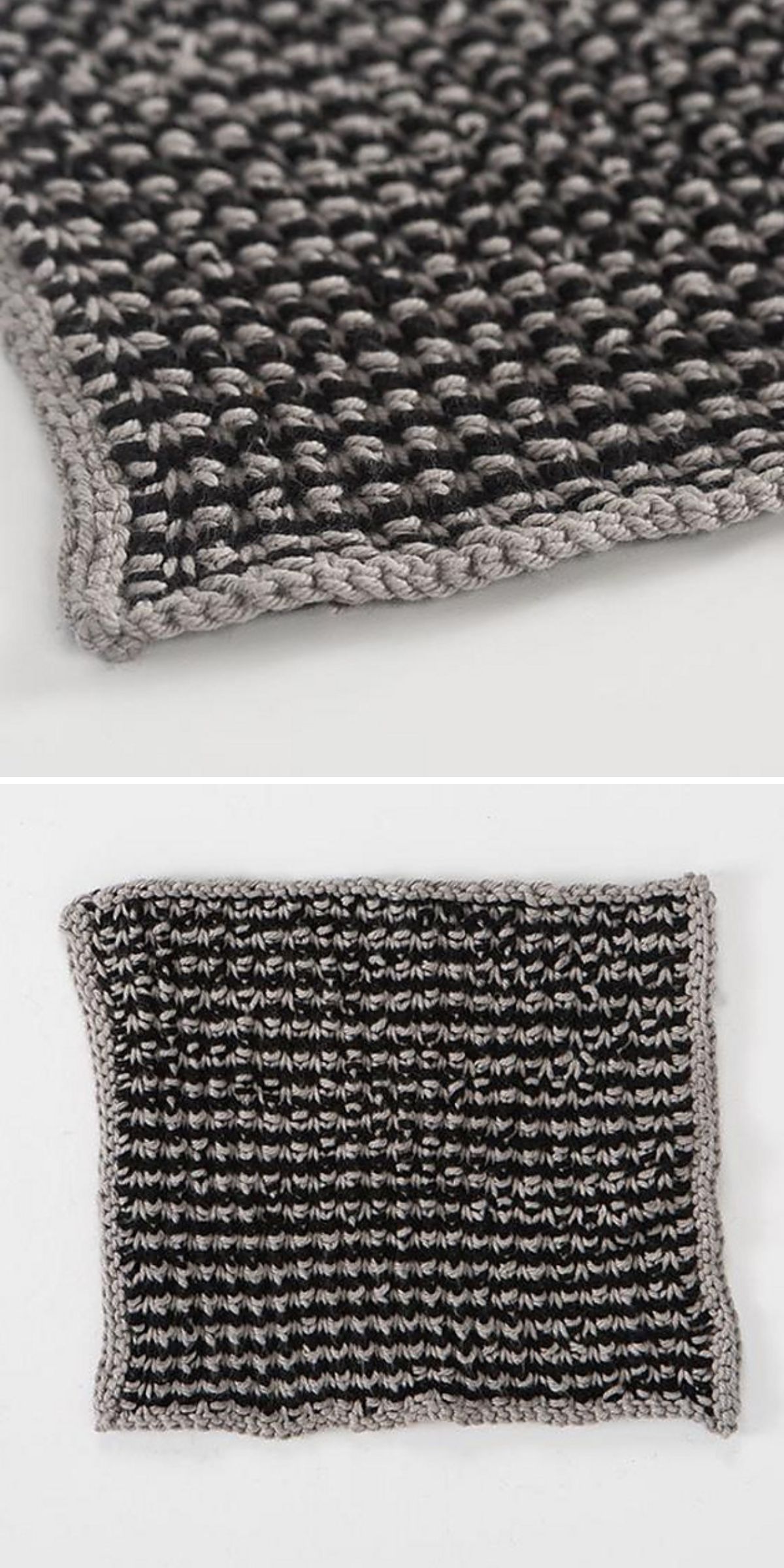 a knitted washcloth in gray and black shades