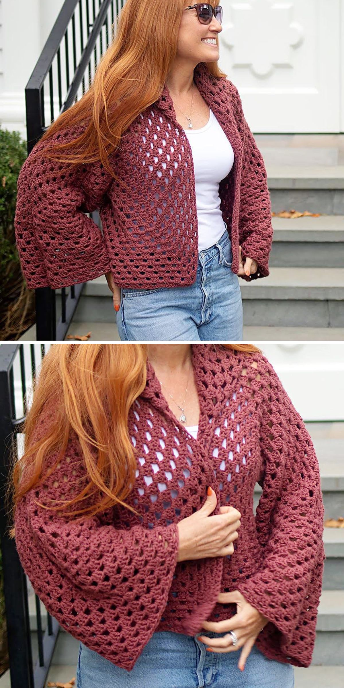 a crochet hexagon cardigan in dark red color