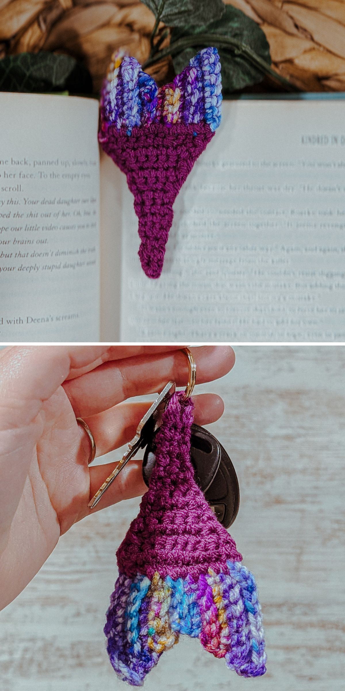 a crochet bookmark shaped like a mermaid tail