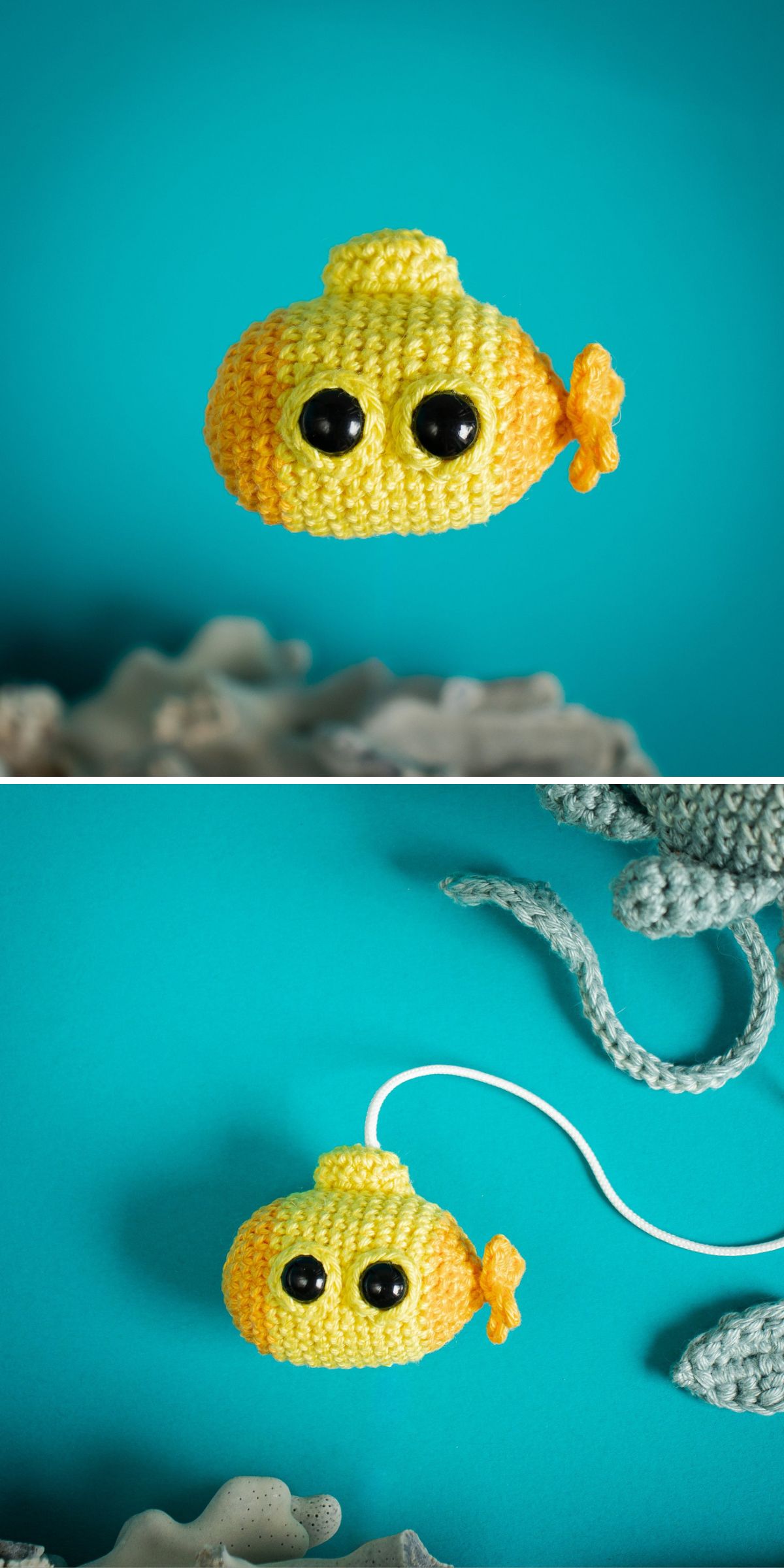 a tiny crochet yellow submarine amigurumi