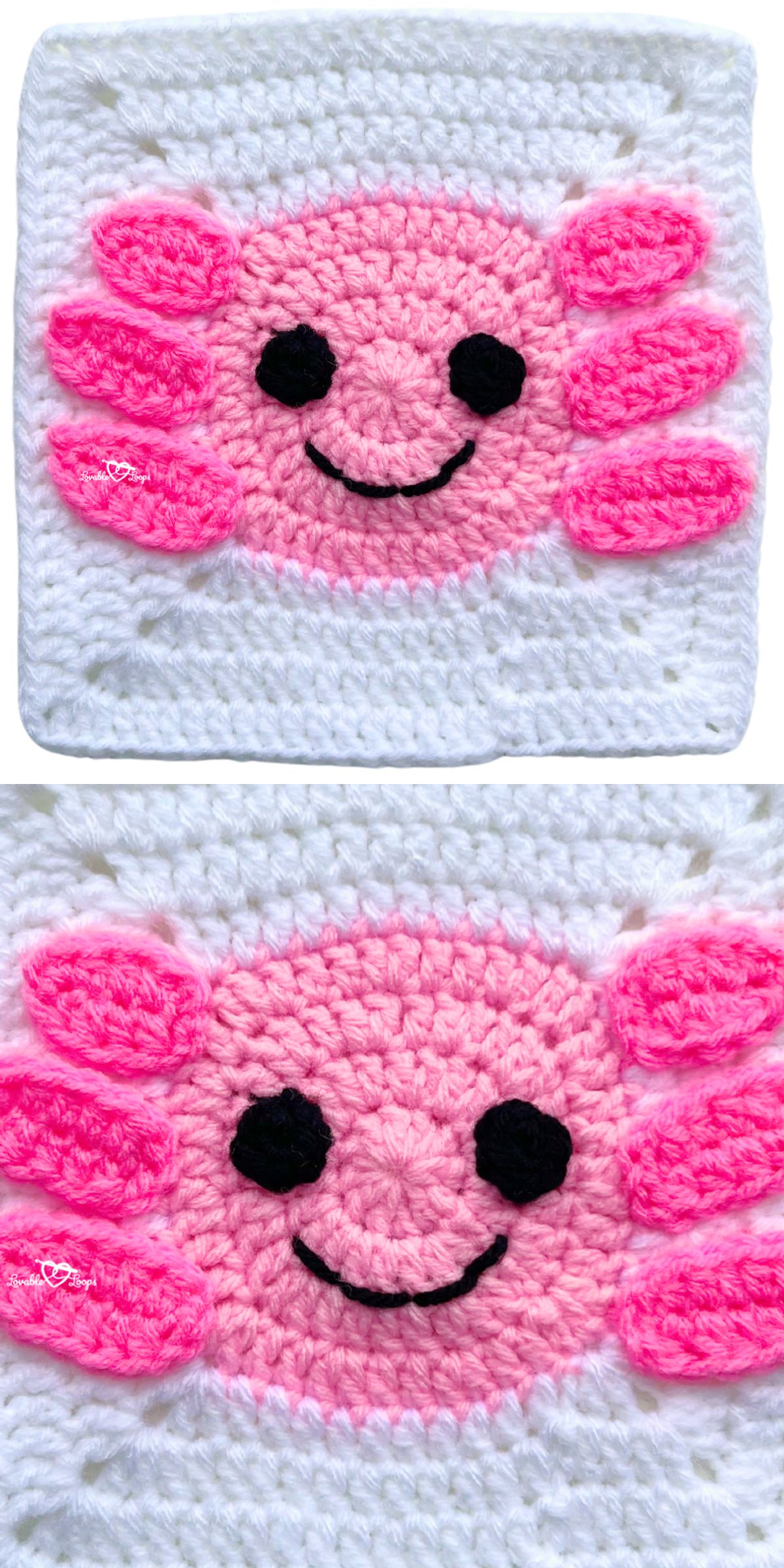 a white crochet granny square with a pink axolotl face motif