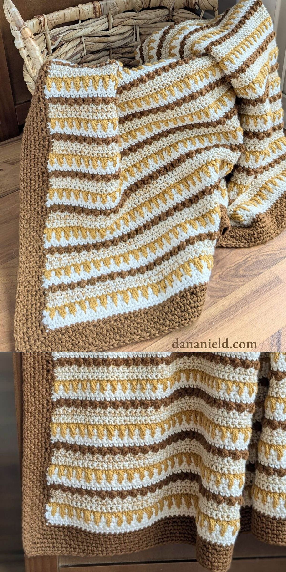 a crochet striped throw in warm brown shades