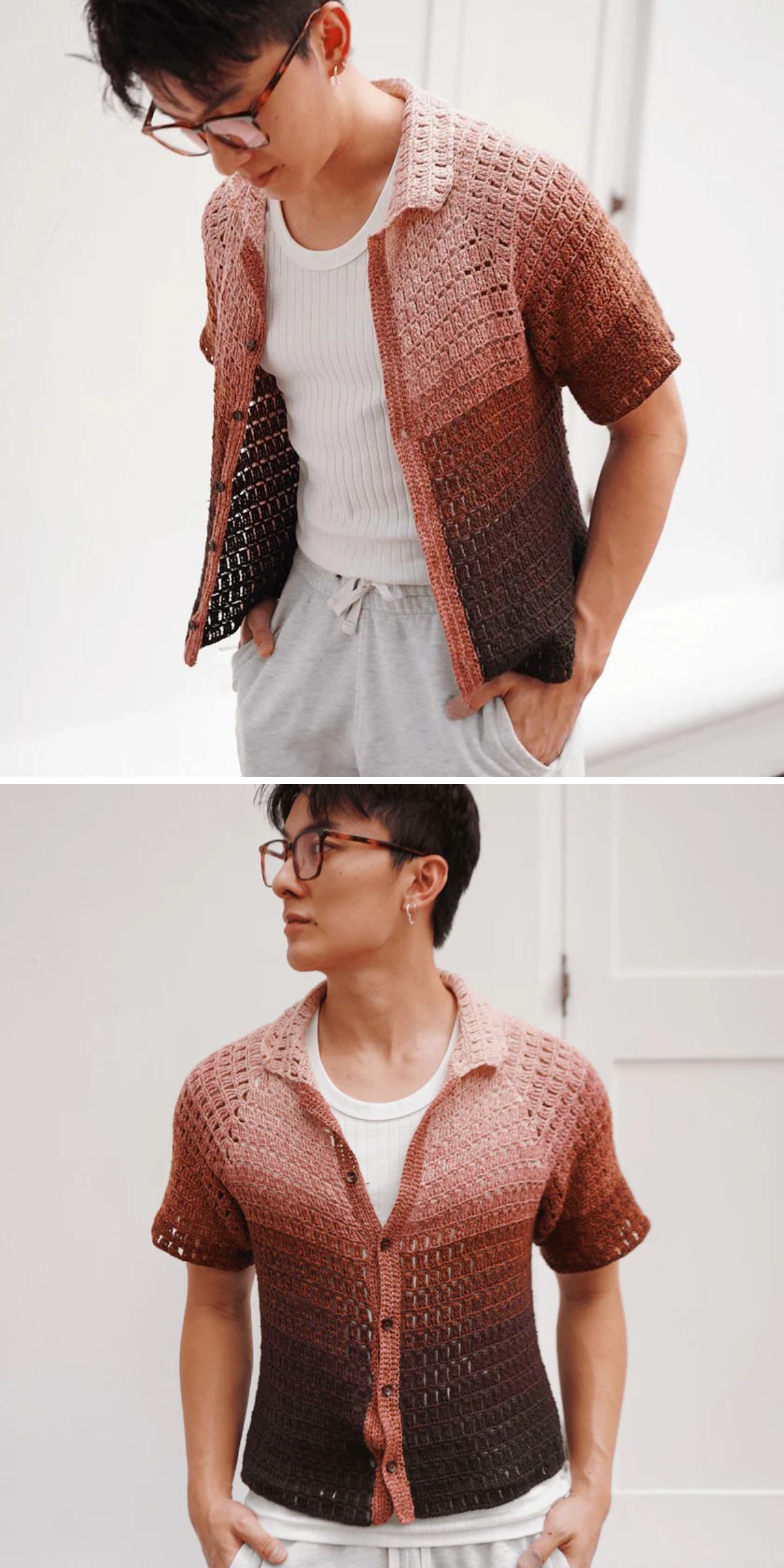 A person wearing glasses and a short-sleeved, gradient crocheted men's shirt over a white ribbed tank top and light drawstring pants, shown in two poses against a plain background.