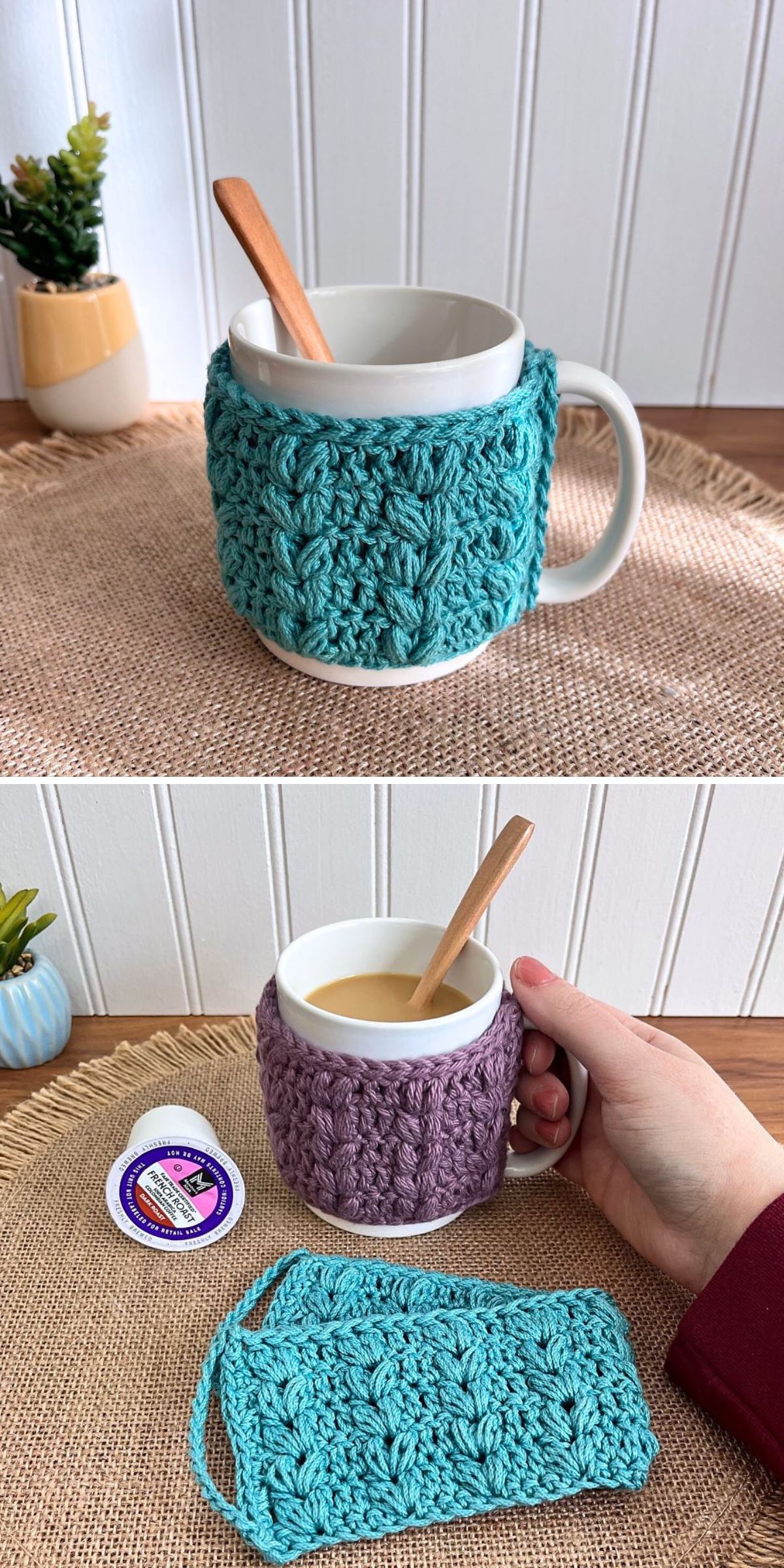 a crochet mug cozy with textured stitches