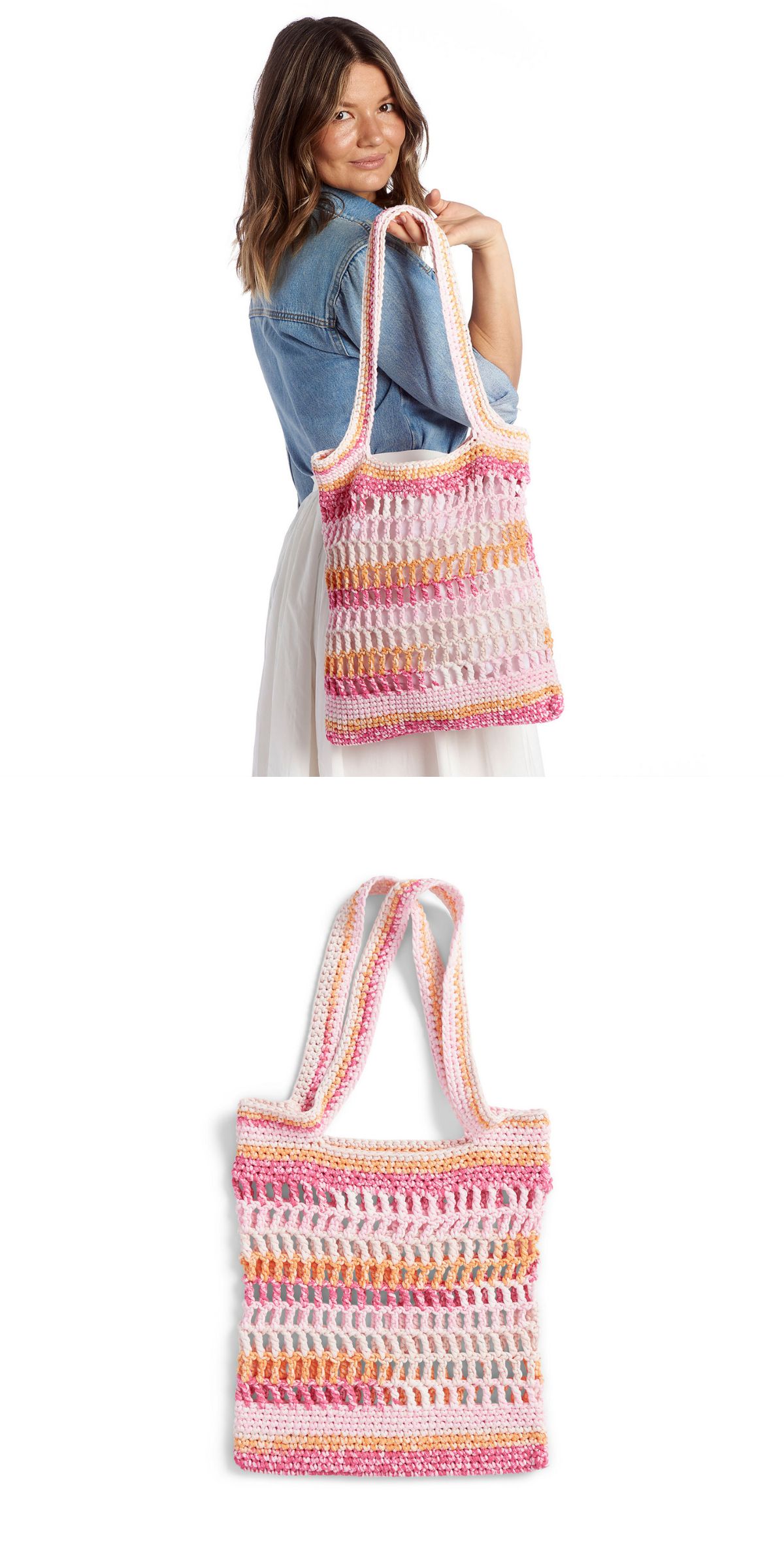 A woman holds a colorful Crochet Market Bag with pink, yellow, and white stripes; the vibrant tote is also shown laid flat on a white background.