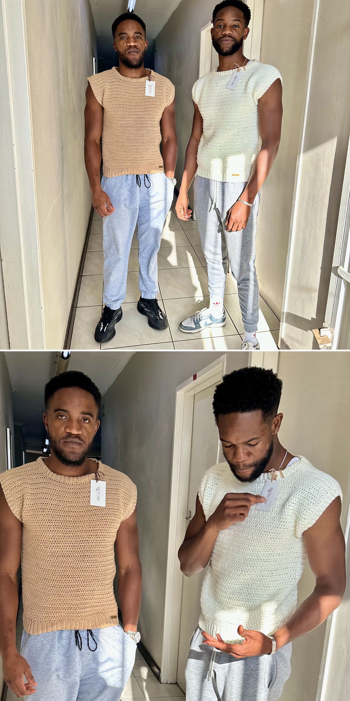 Two men stand in a hallway wearing light crocheted men's clothing — sleeveless tops paired with gray sweatpants; both have name tags and are facing the camera in separate and paired shots.
