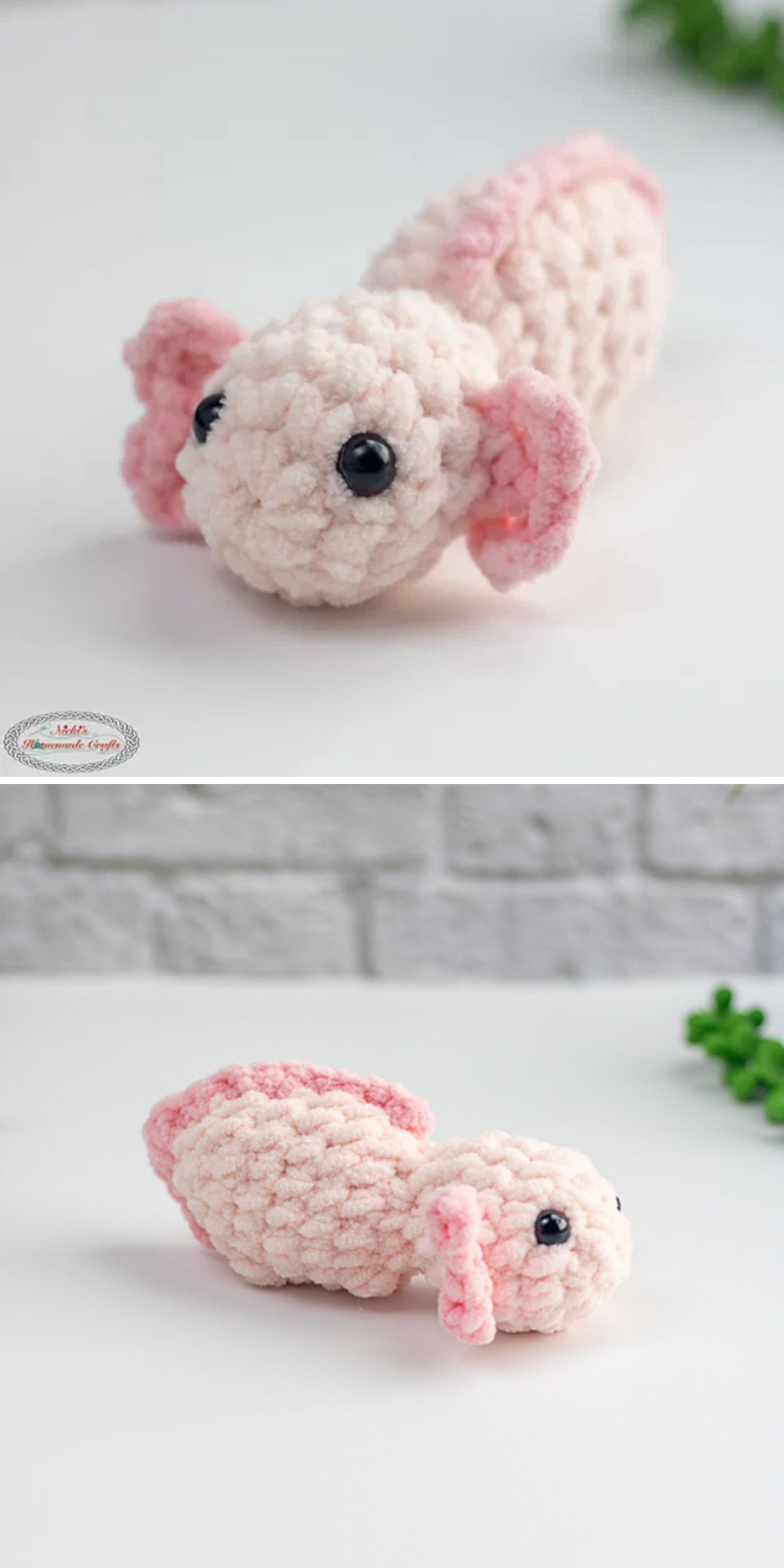 a tiny crocheted baby axolotl
