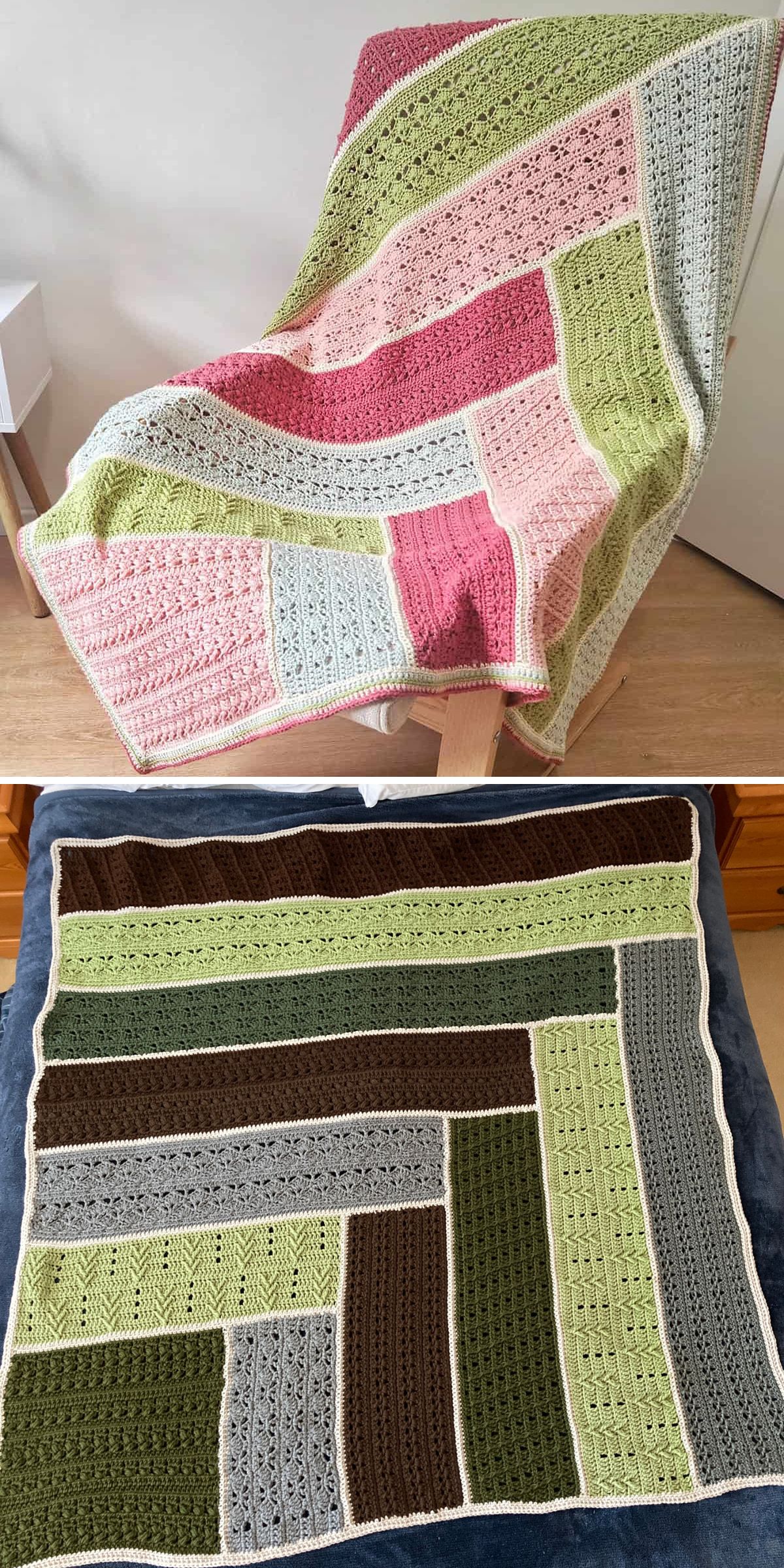 a crochet blanket made of color blocks laid in different directions and featuring different textures and colors