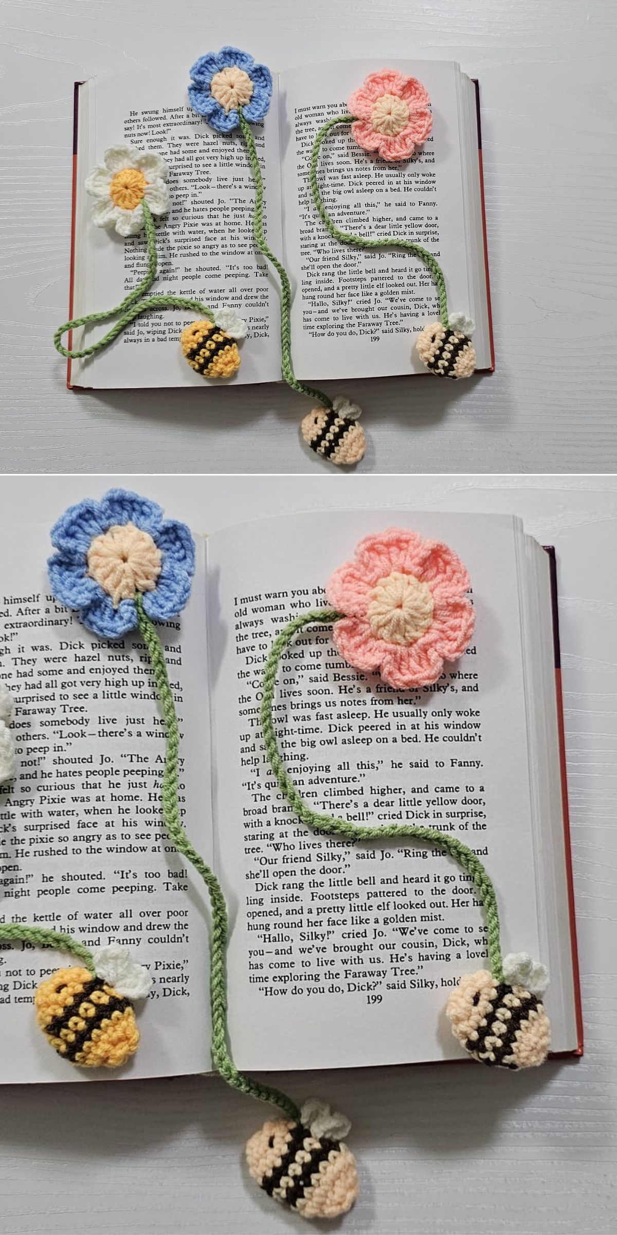 a crochet bookmark with a flower top and a bee-shaped bootm
