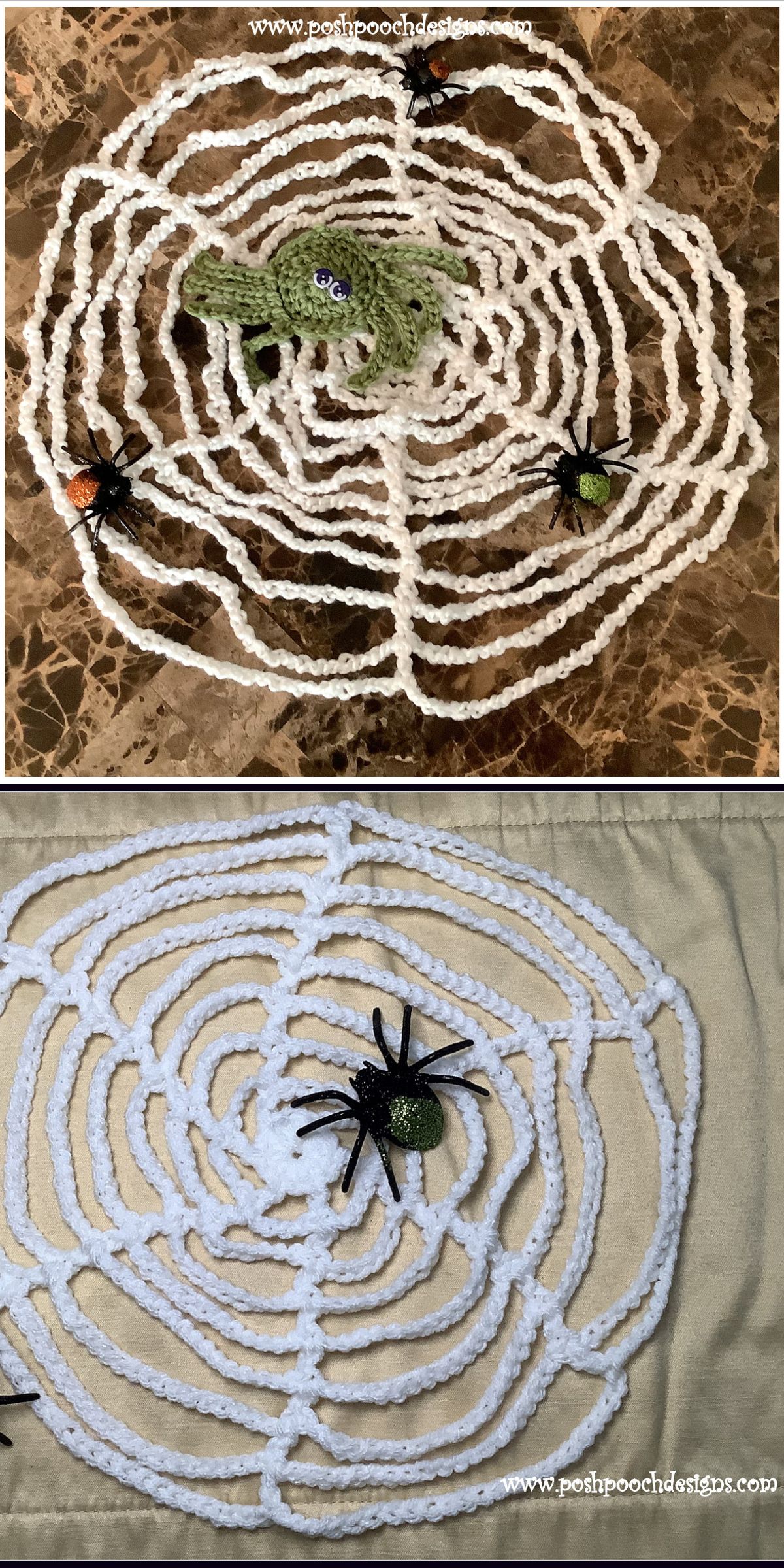 a flat crocheted spider sitting on a crocheted spider web