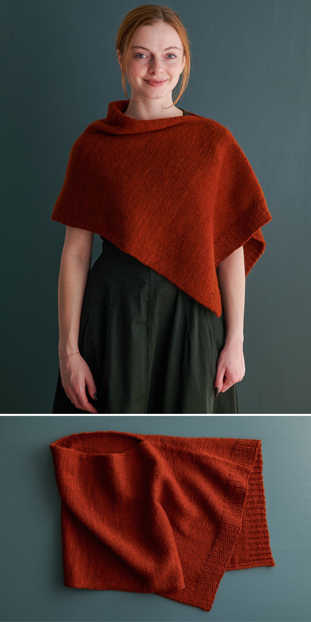 A woman wears a rust-colored knit poncho; below, the shawl is shown flat, highlighting its rectangular shape and textured fabric.