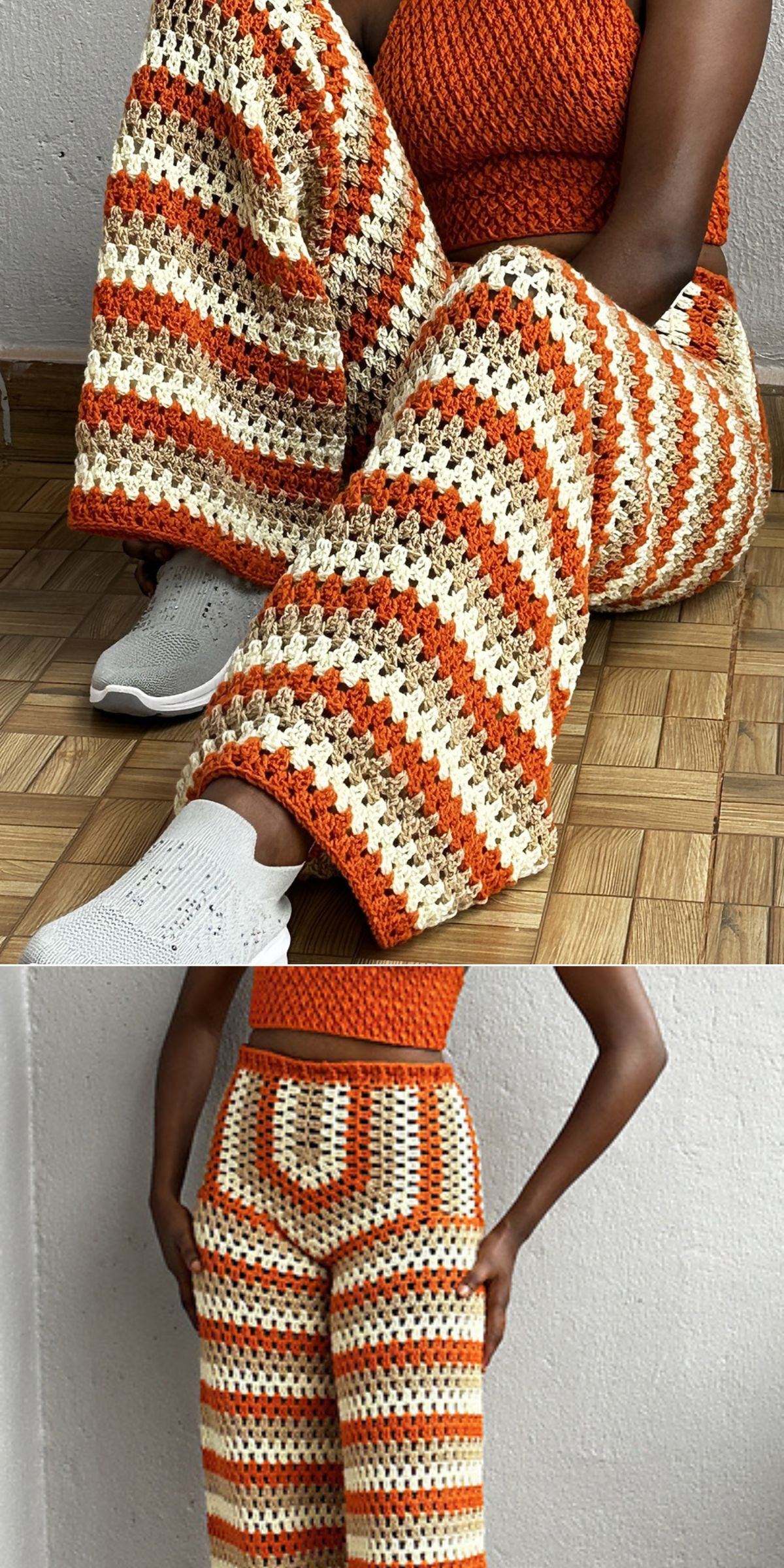 wide-leg crochet granny stitch pants