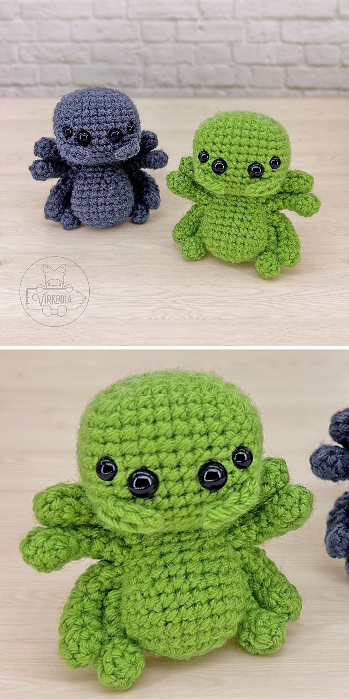 two crochet amigurumi spiders in dark grey and green