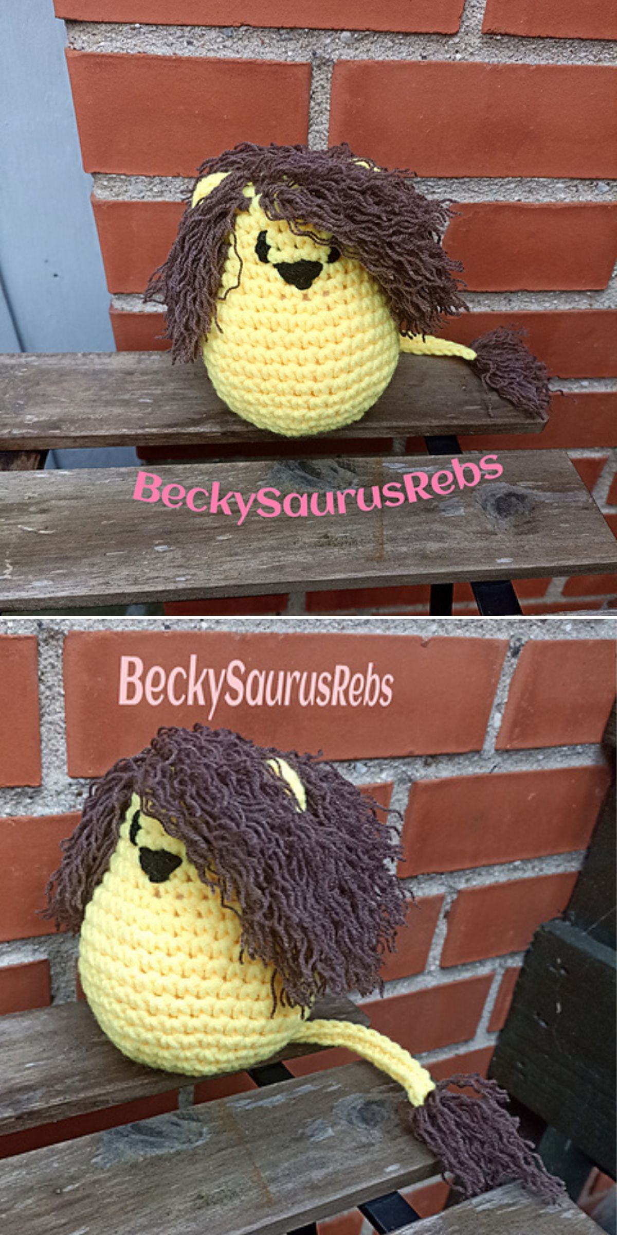 A crocheted yellow lion with a brown mane and tail sits on a wooden bench in front of a brick wall. The text "BeckySaurusRebs" appears in pink on both photos.