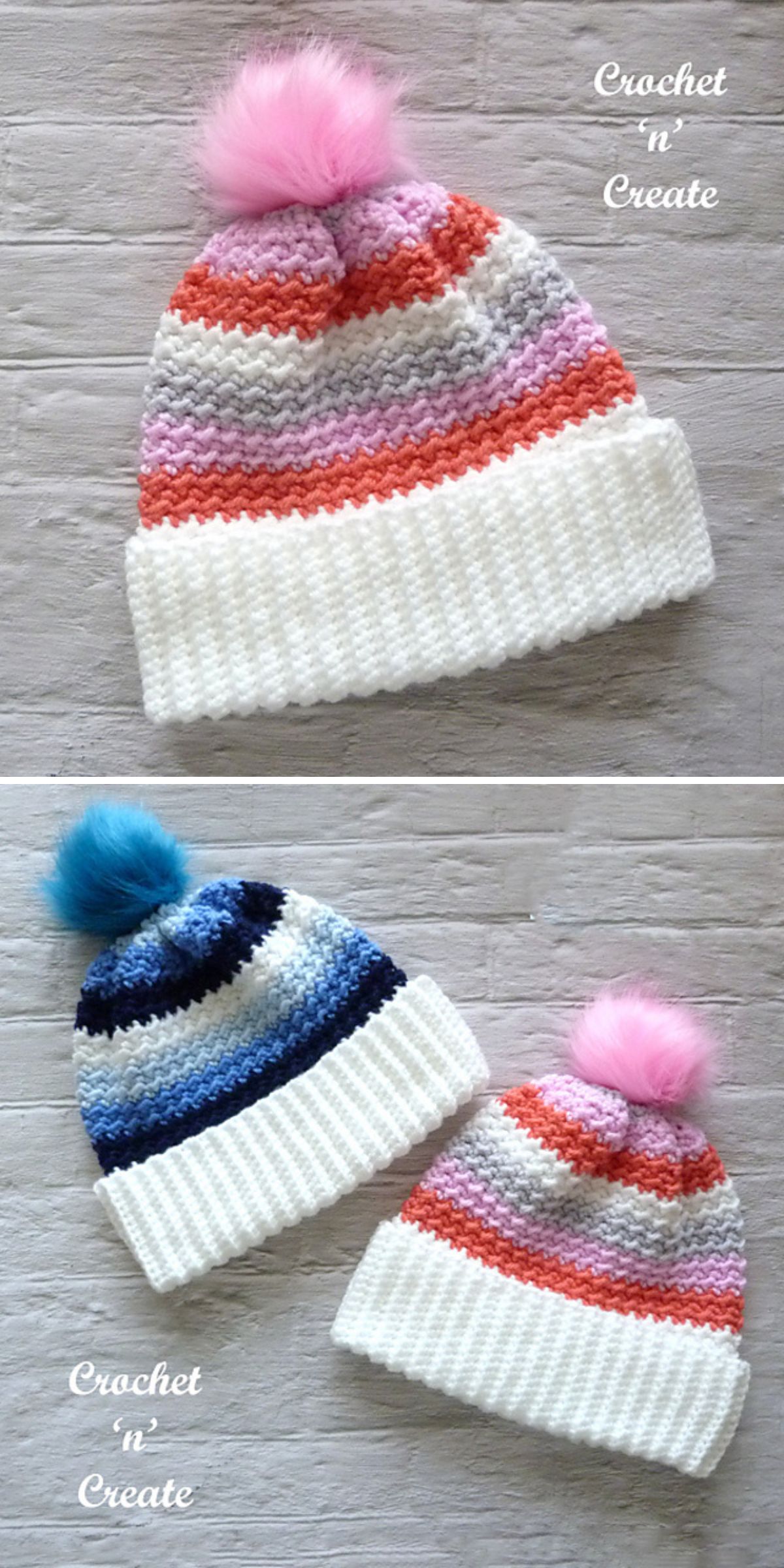 two colorful crochet beanies with a striped design and a fluffy pom pom