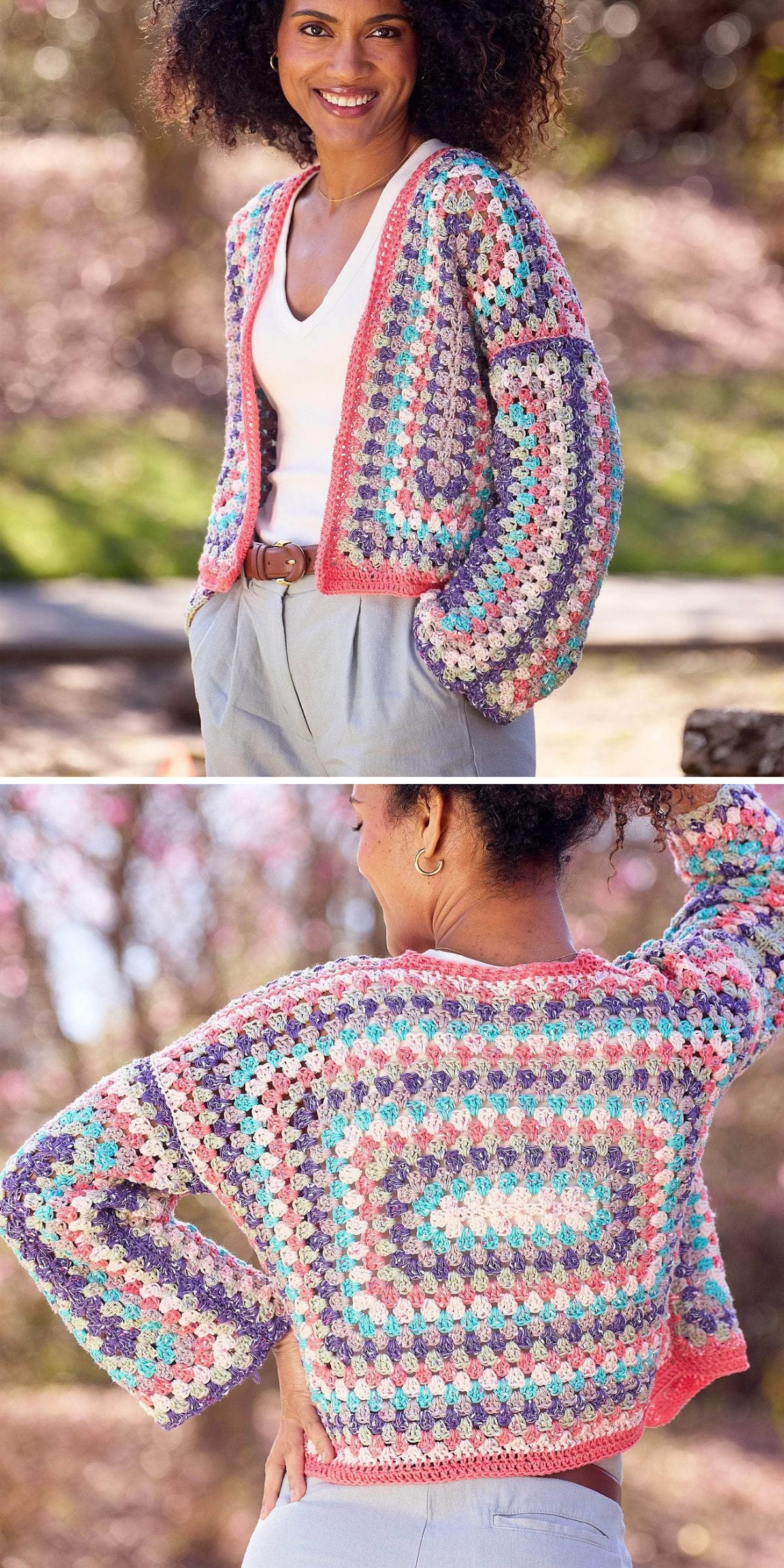 a crochet granny cardigan with a cropped fit in fresh spring colors