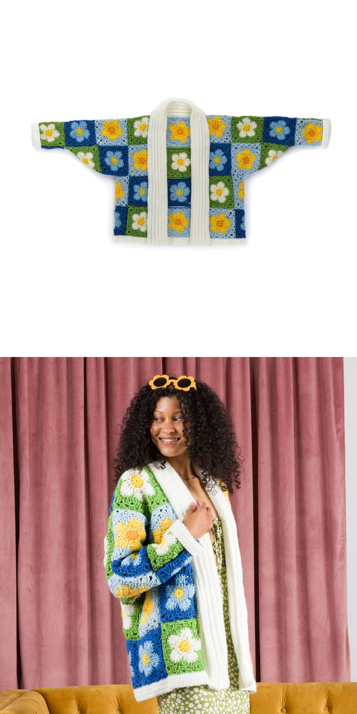 a crochet cardigan with a wide collar made of colorful granny squares with flower motifs