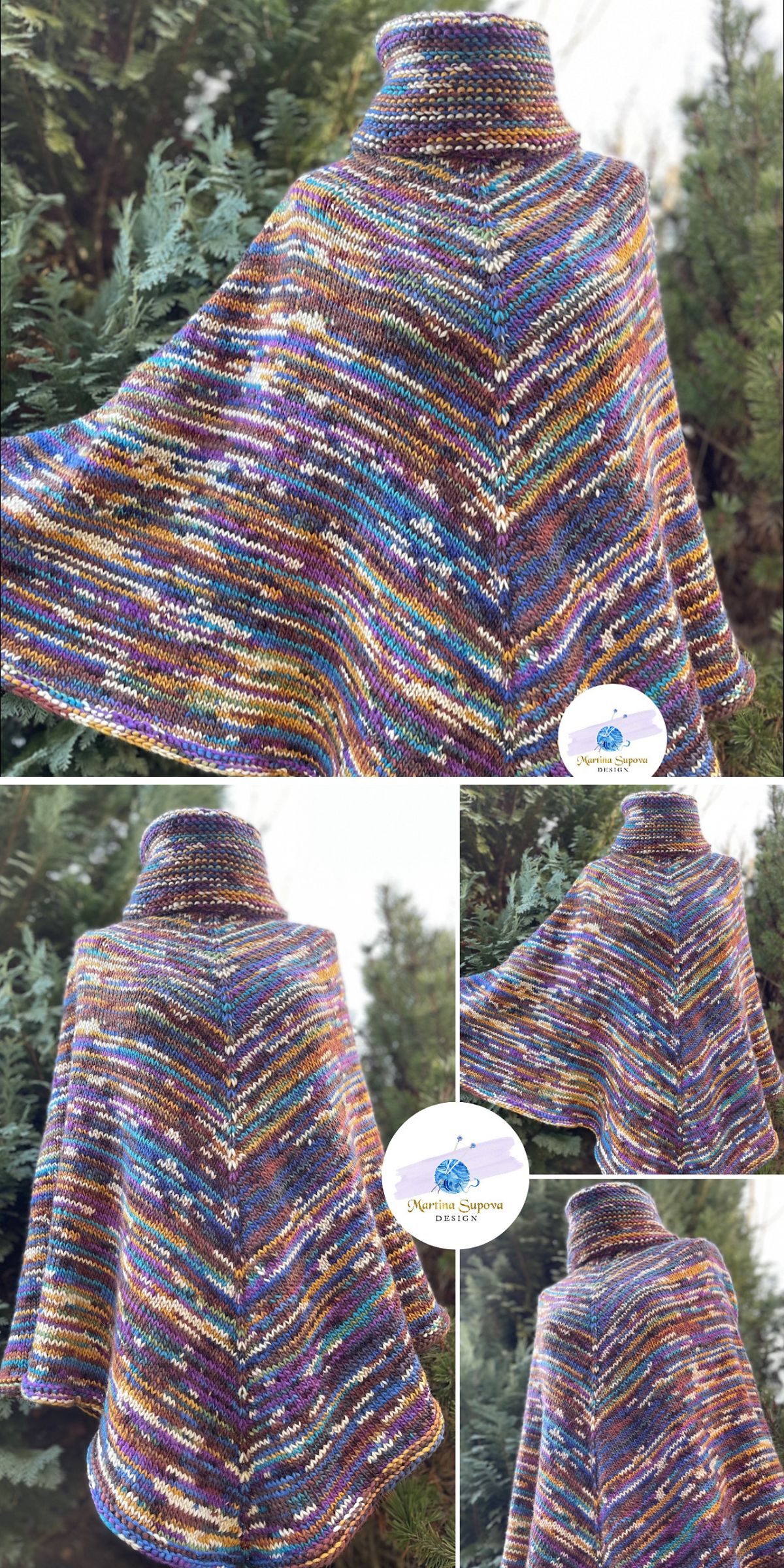 a knitted poncho with a turtleneck worked in a variegated yarn