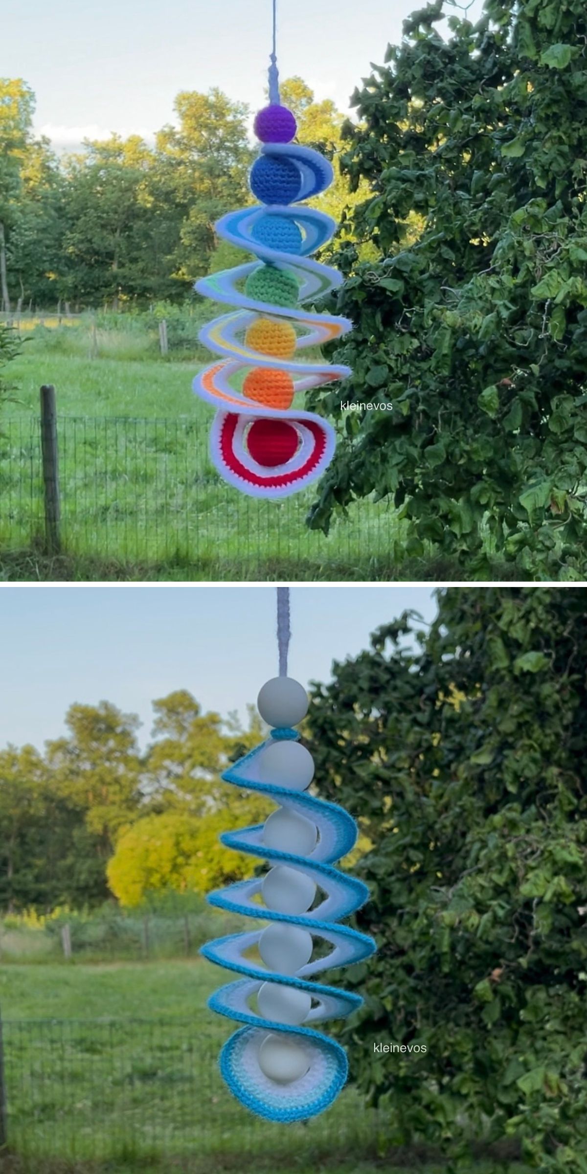 Two photos of crochet windspinners hanging outdoors; one features multicolored concentric circles, while the other is blue and white with round beads nestled between each spiral.