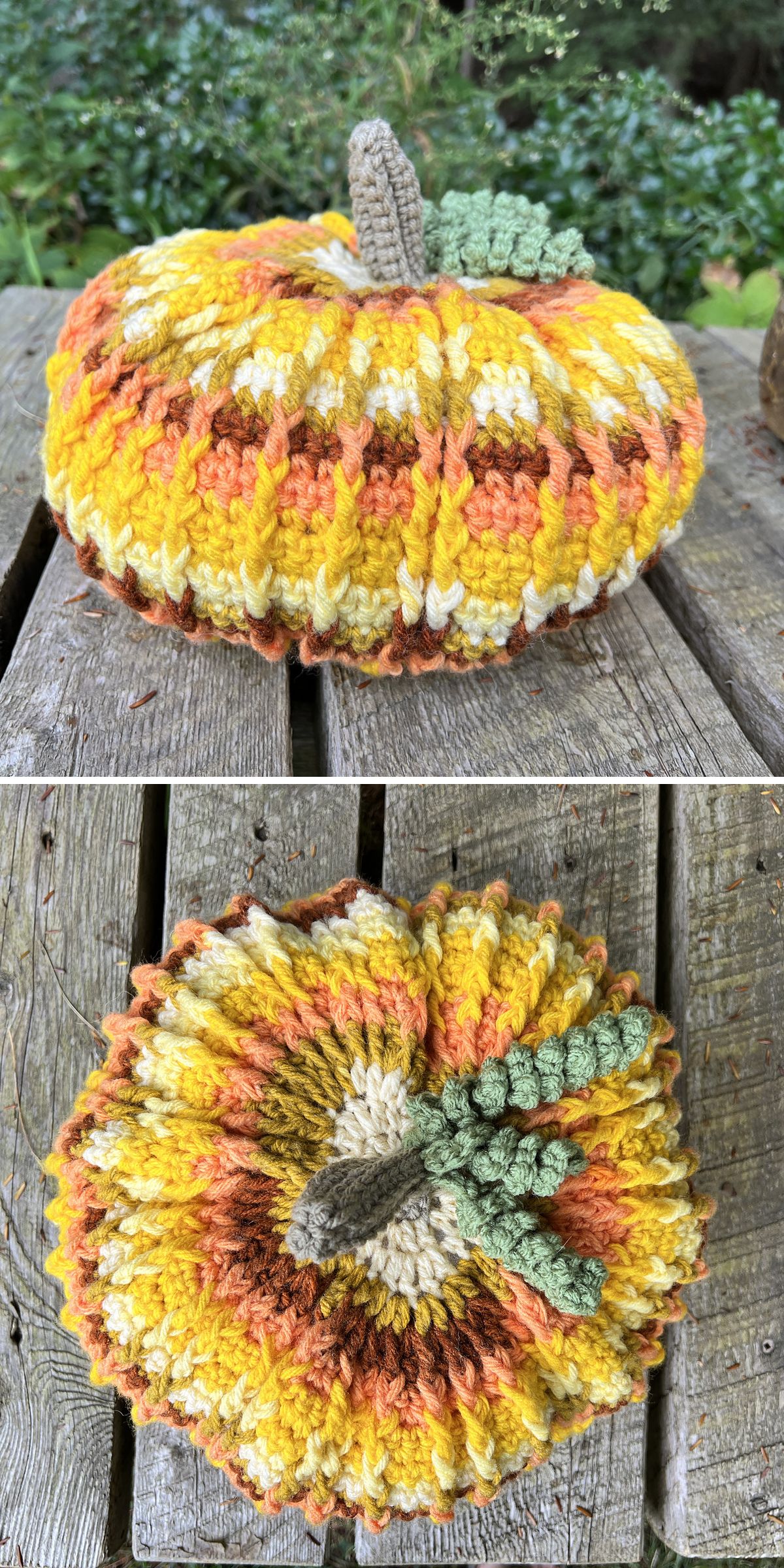 a huge crochet pumkin featuring a multicolored look