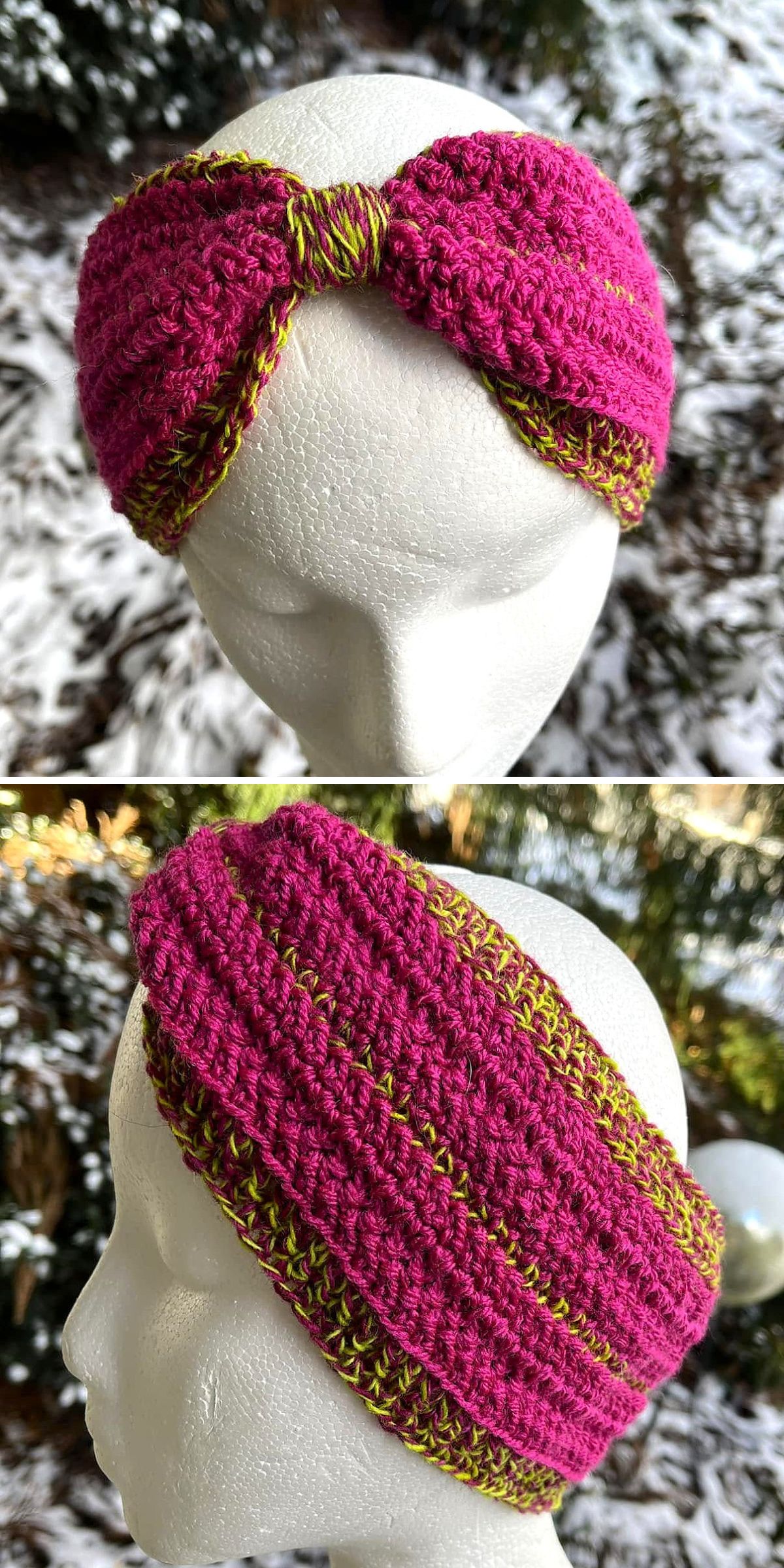 a purple crochet headband on a mannequin