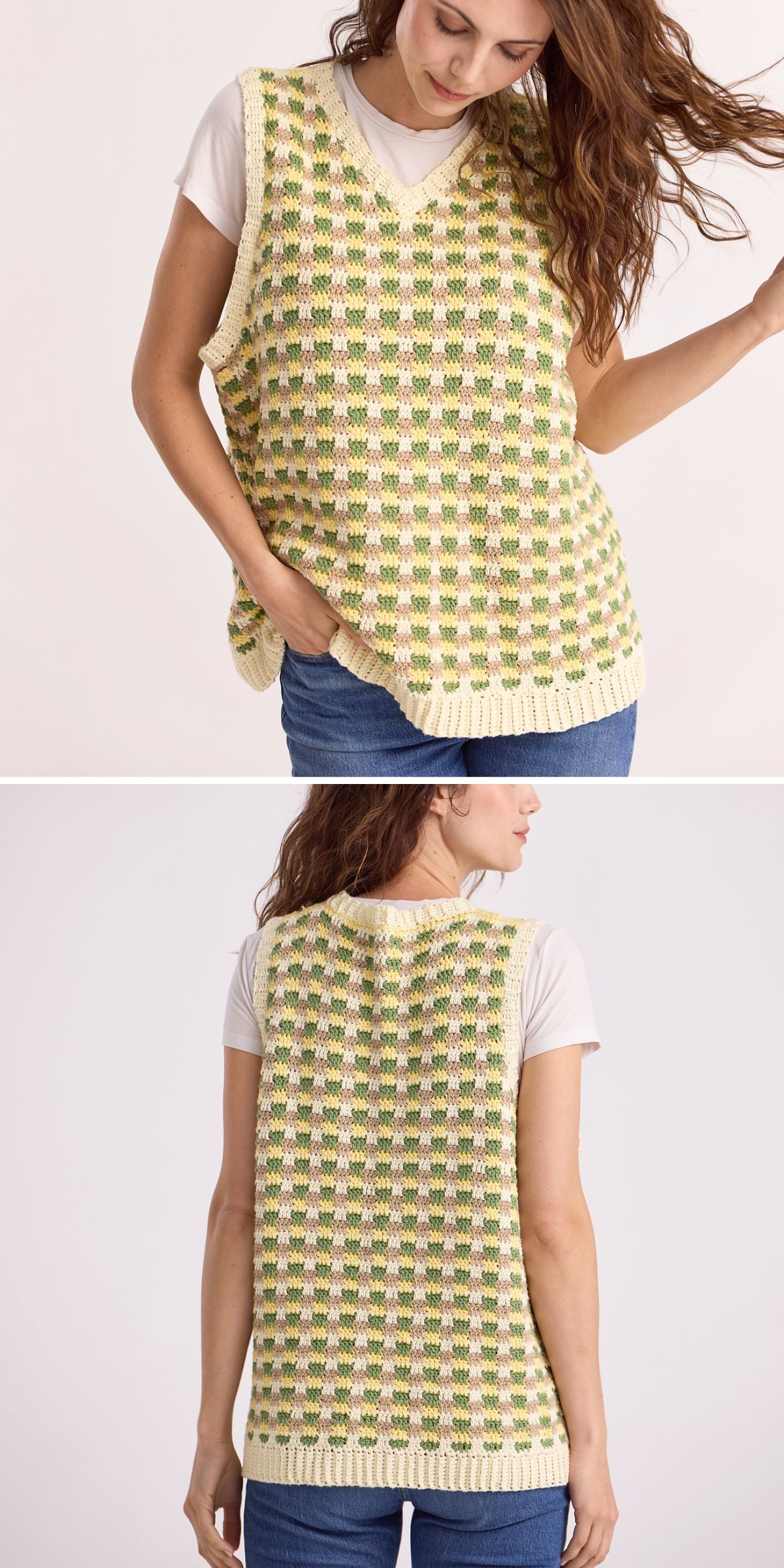 a woman wearing a crochet vest with a chequered design in light colors
