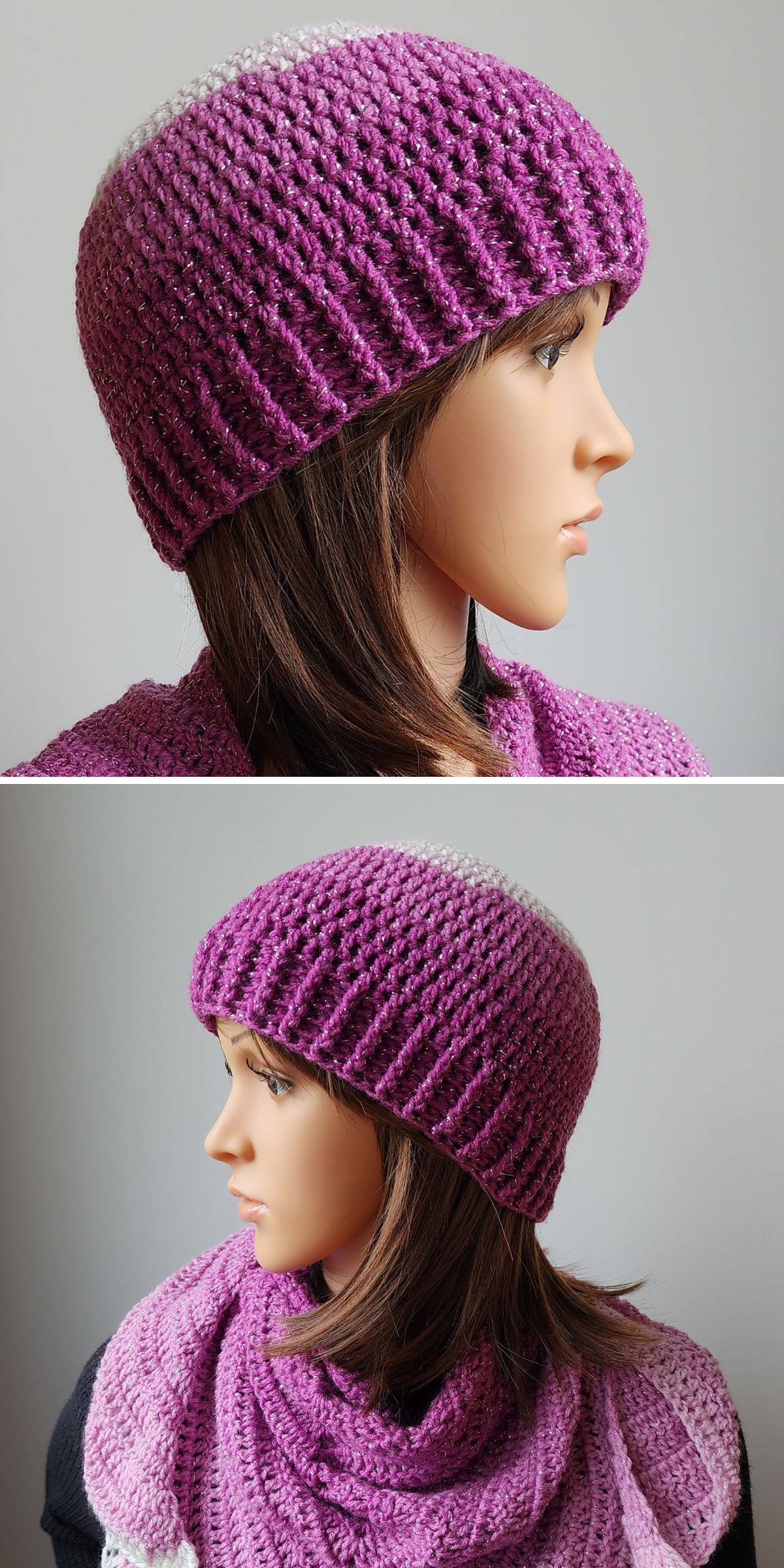 a matching set of a purple crochet beanie and shawl showcased on a mannequin