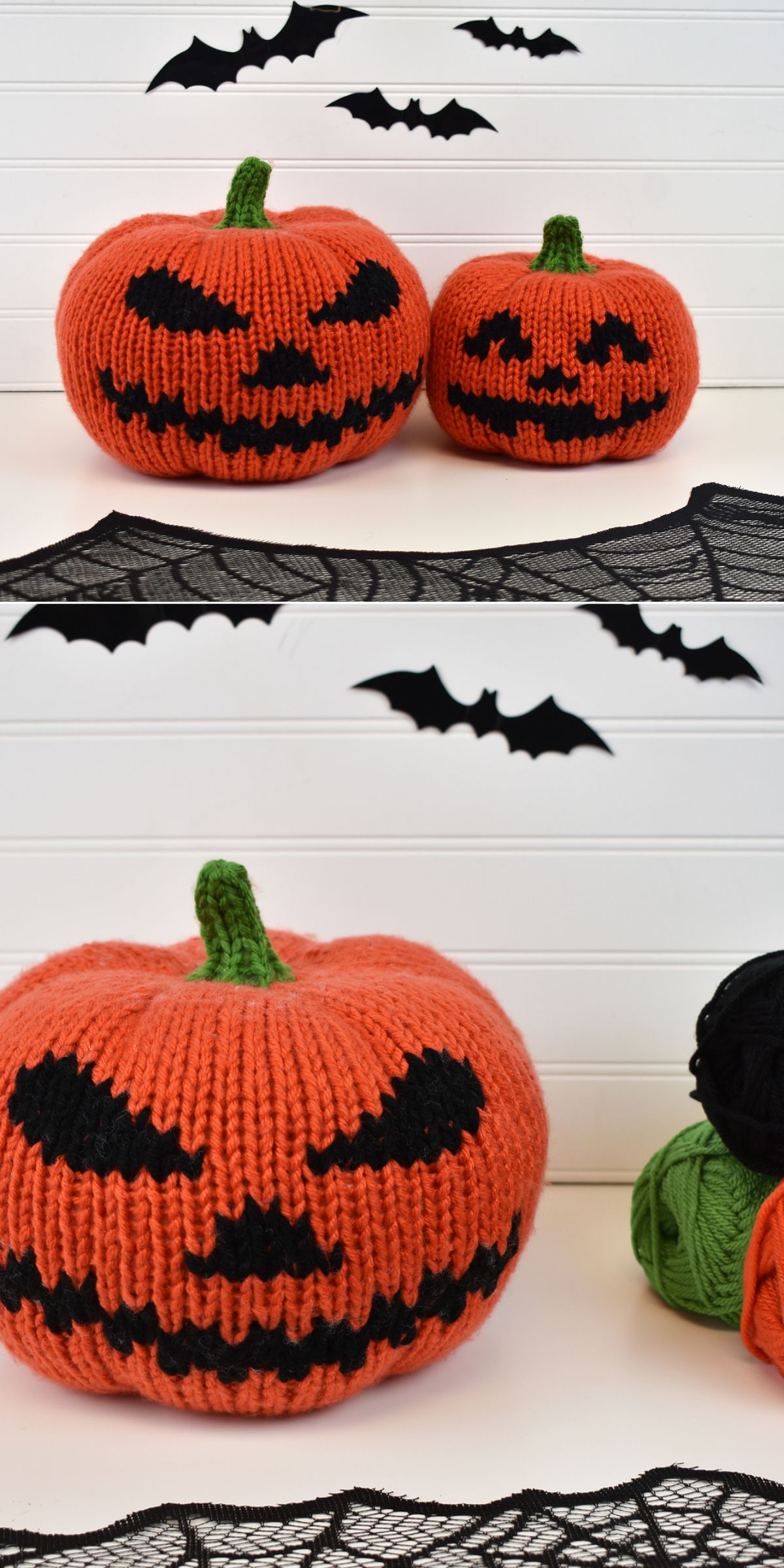 a big knitted pumpkin with a spooky face