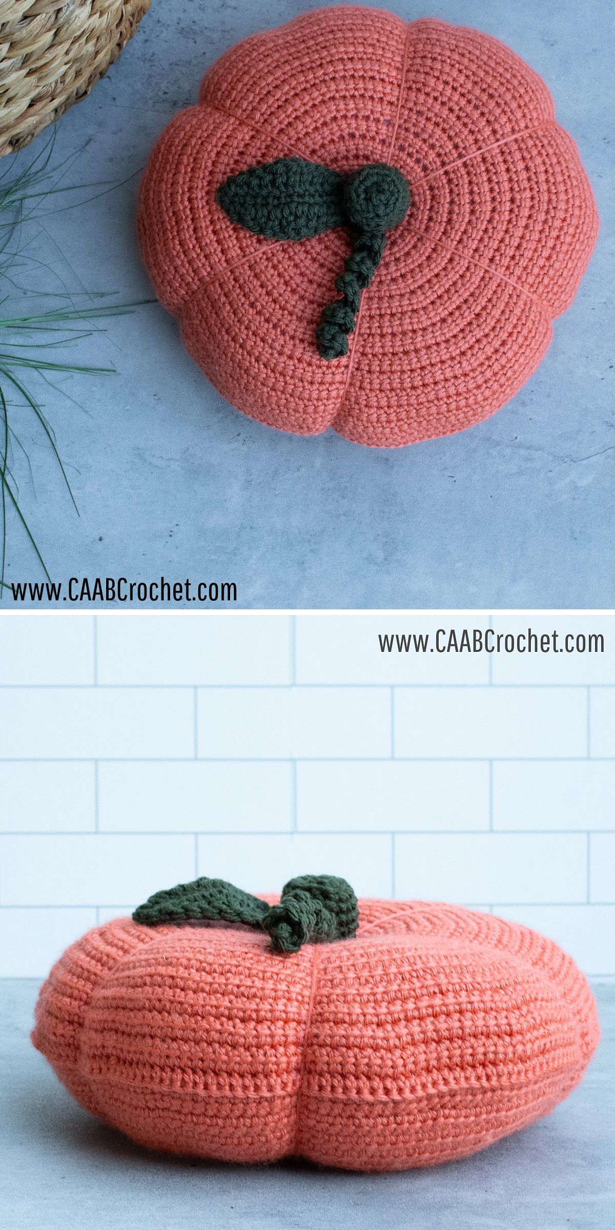 a large crochet pumpkin pillow