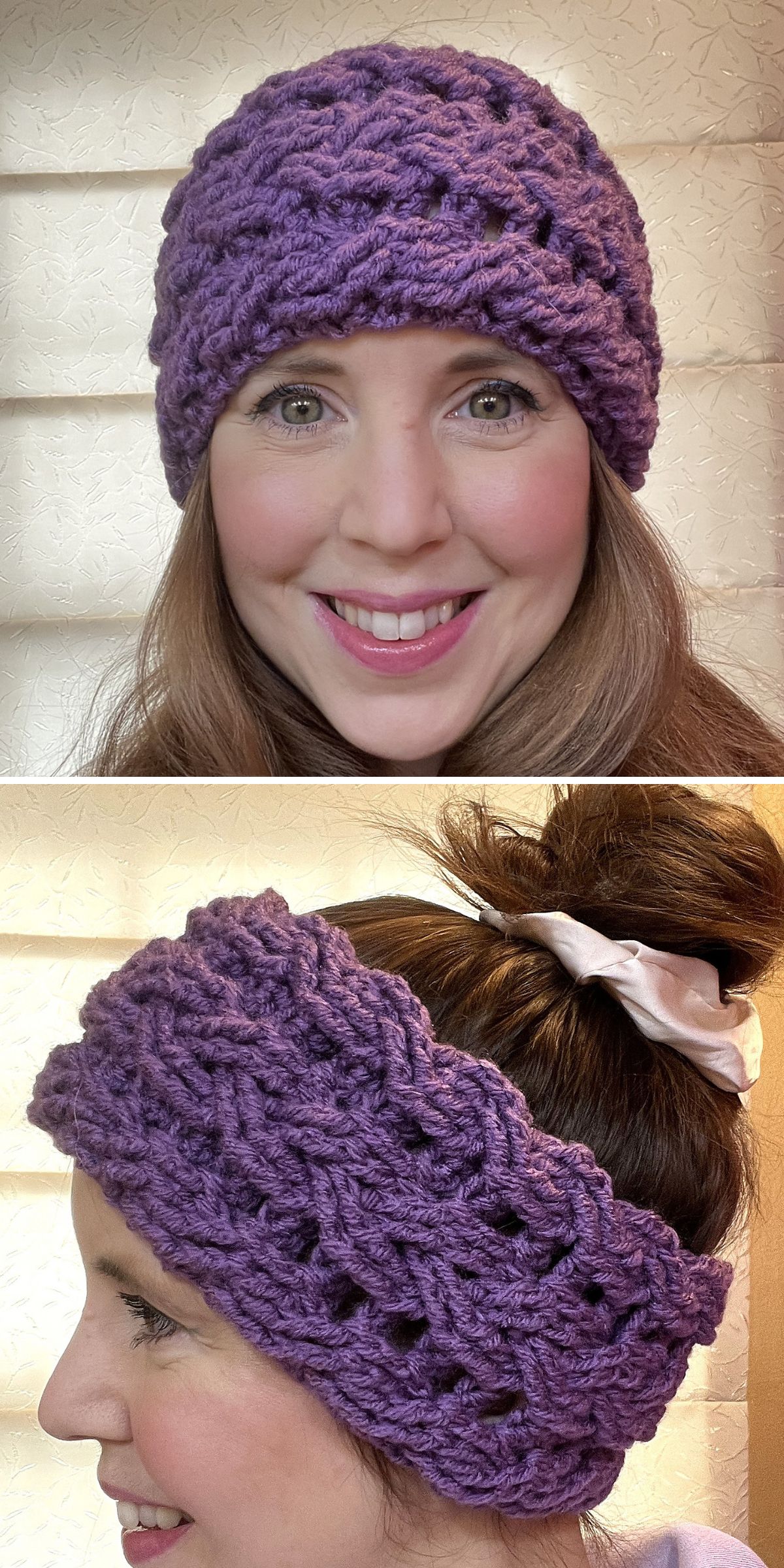 a woman wearing a chunky crochet headband in purple