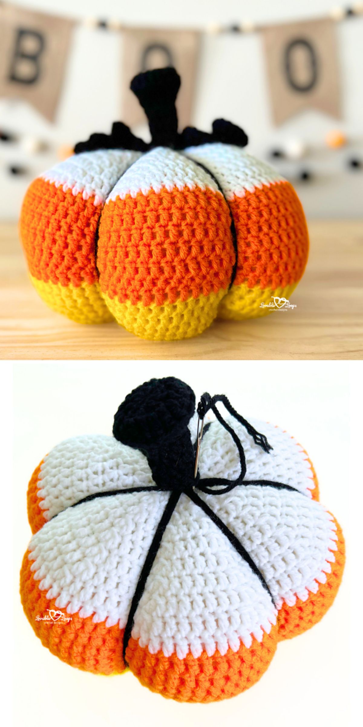 a crocheted pumpkin featruing a design inspired by candy corn 